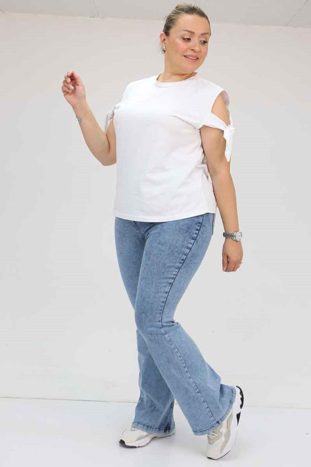 9137-17 Büyük Beden Beli Lastikli İspanyol Paça  Kot Pantolon - Kar Yıkama Mavi