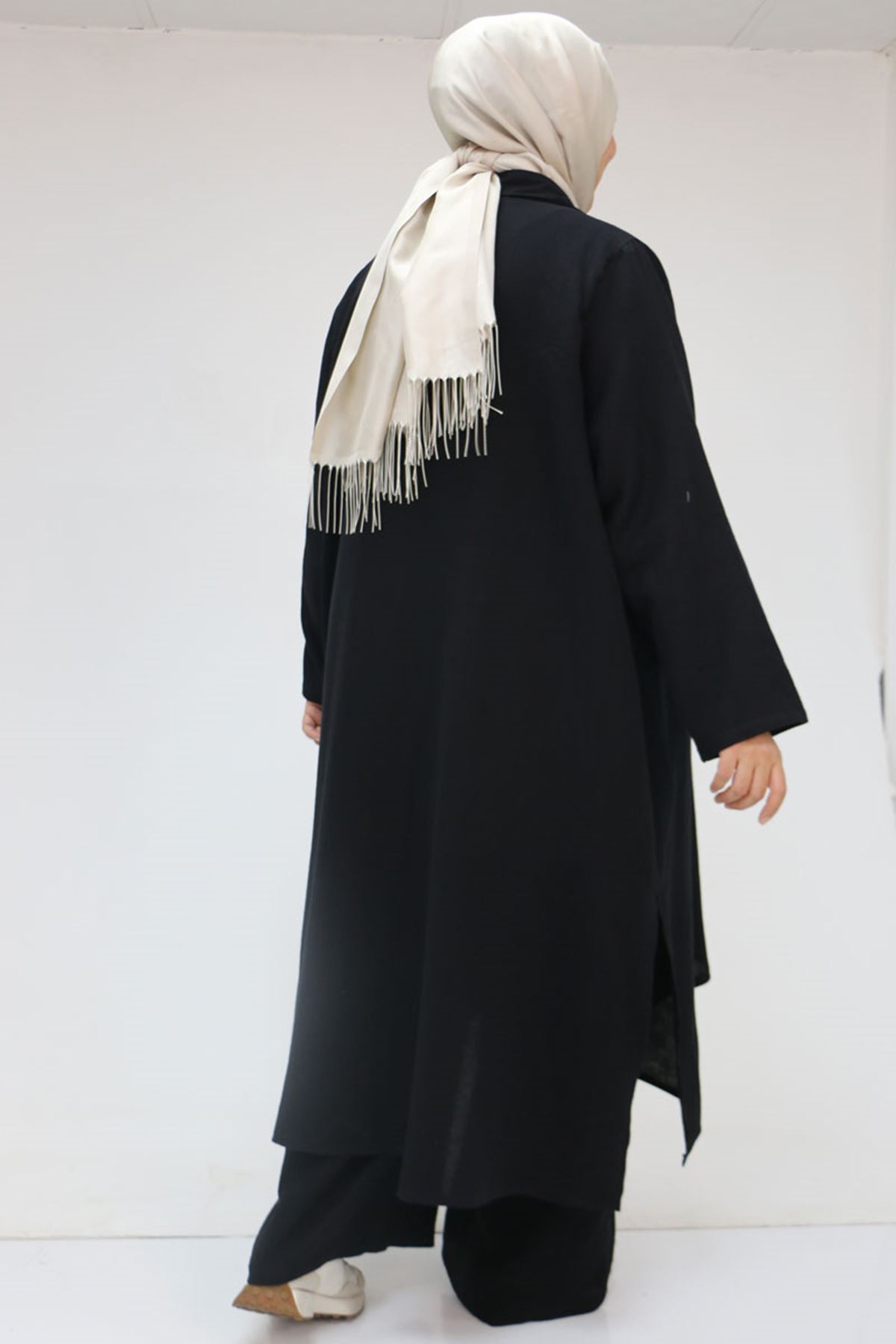 57017 Büyük Beden Torba Cepli Müslin Pantolonlu Takım - Siyah