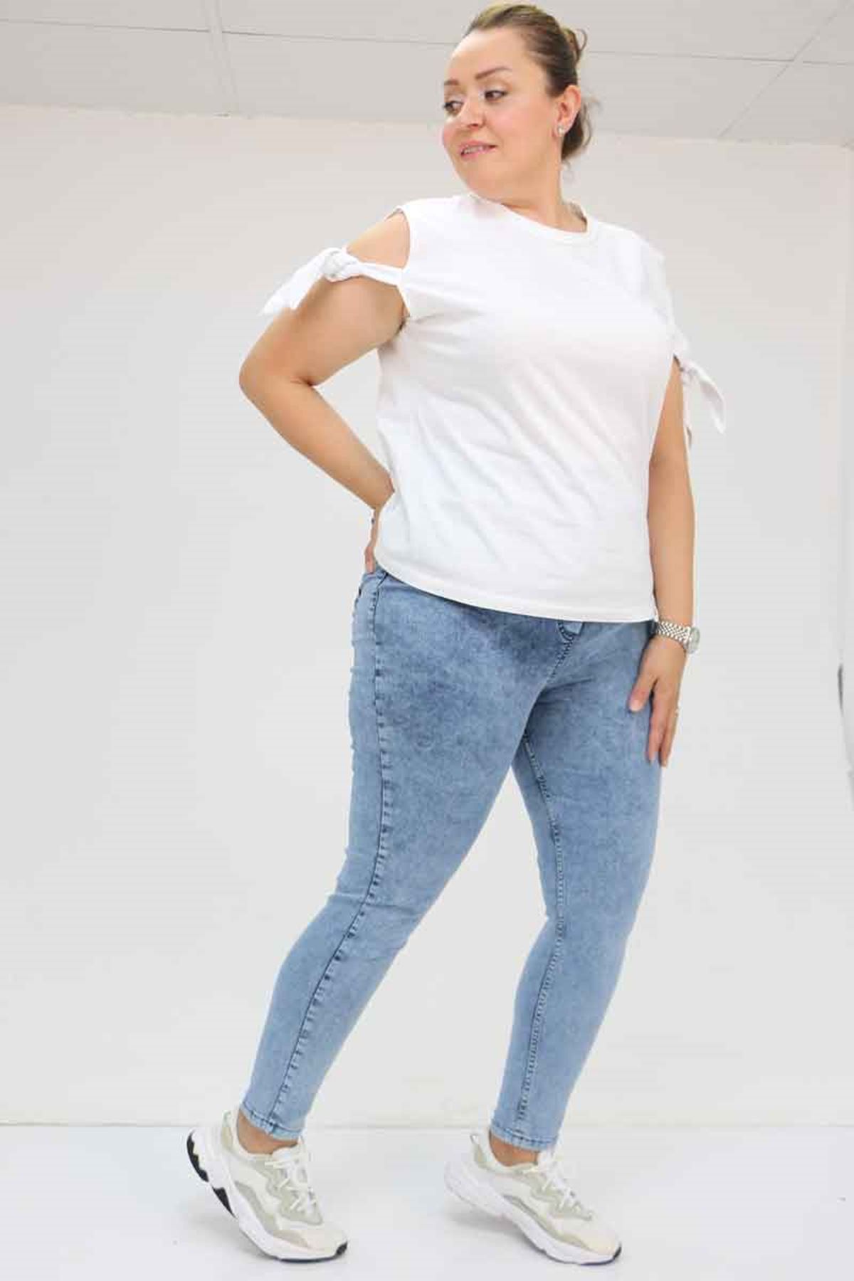 9184-11 Büyük Beden Beli Lastikli Dar Paça Uzun Kot Pantolon - Kar Yıkama Mavi