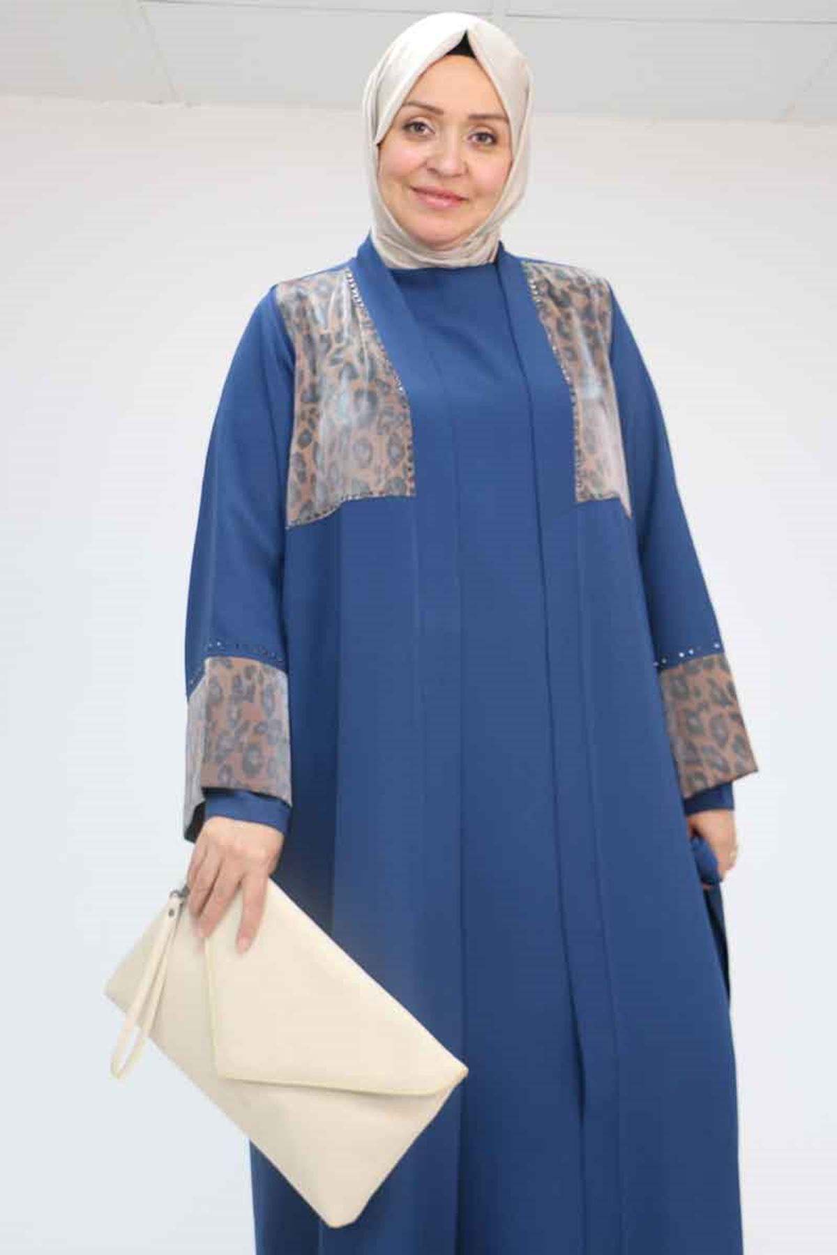 57207 Büyük Beden Garni Detaylı Etamin Elbiseli Abaya - Petrol