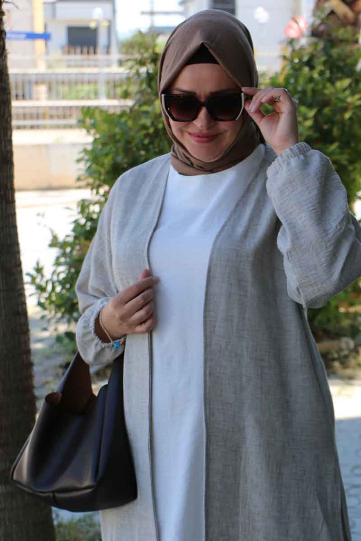 F-57026 Büyük Beden Mostralı Pantolonlu Etamin Takım - Bej