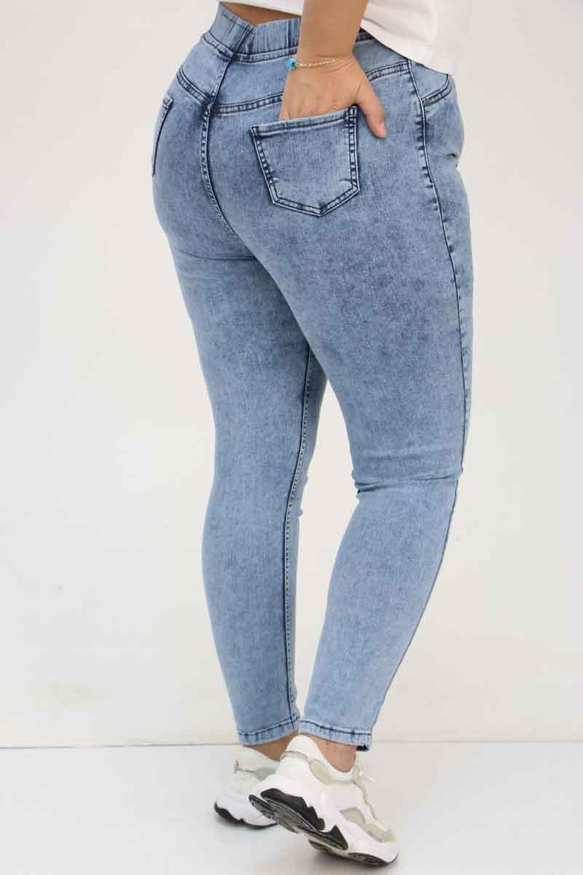 9184-11 Büyük Beden Beli Lastikli Dar Paça Uzun Kot Pantolon - Kar Yıkama Mavi