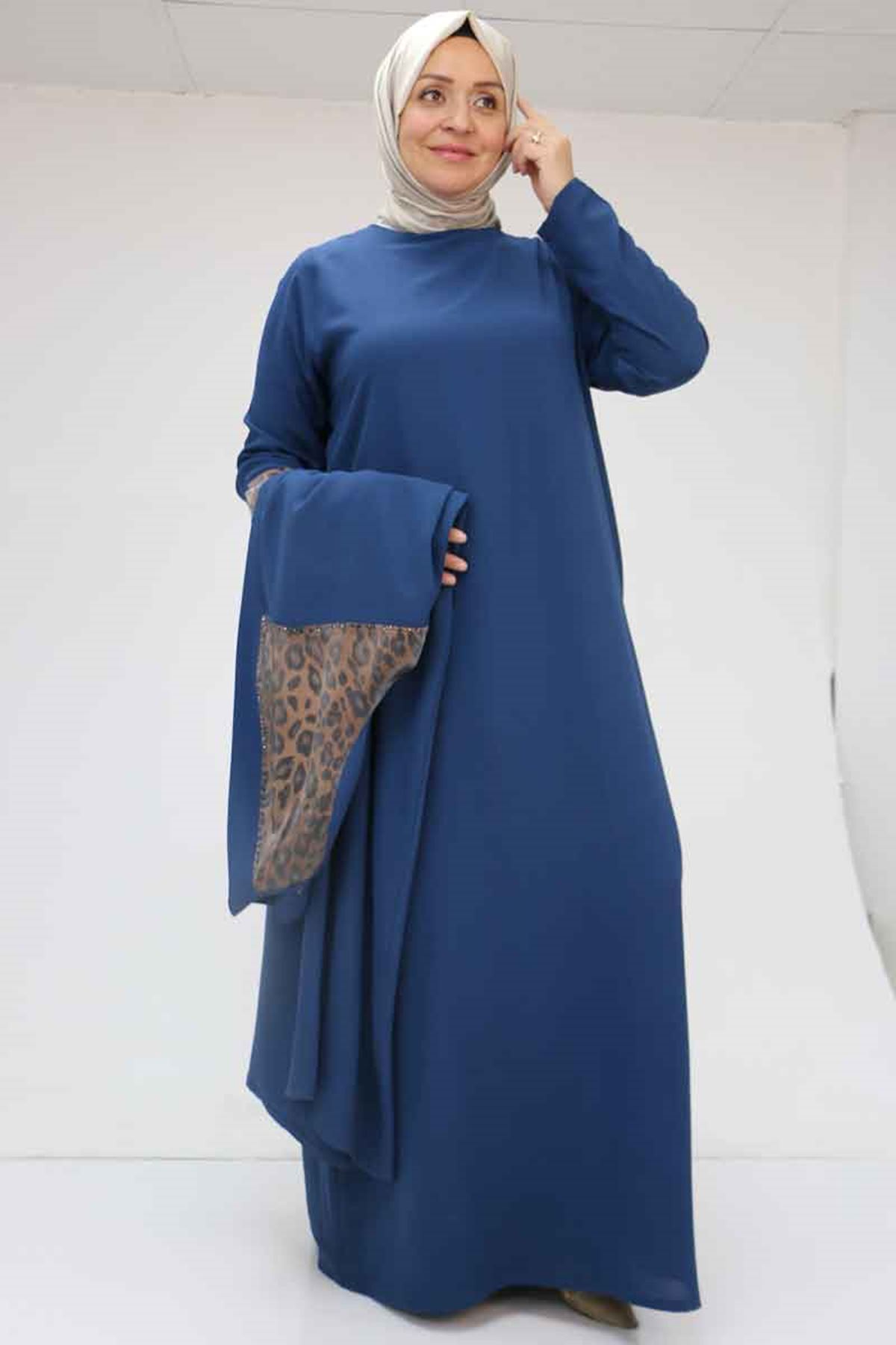 57207 Büyük Beden Garni Detaylı Etamin Elbiseli Abaya - Petrol