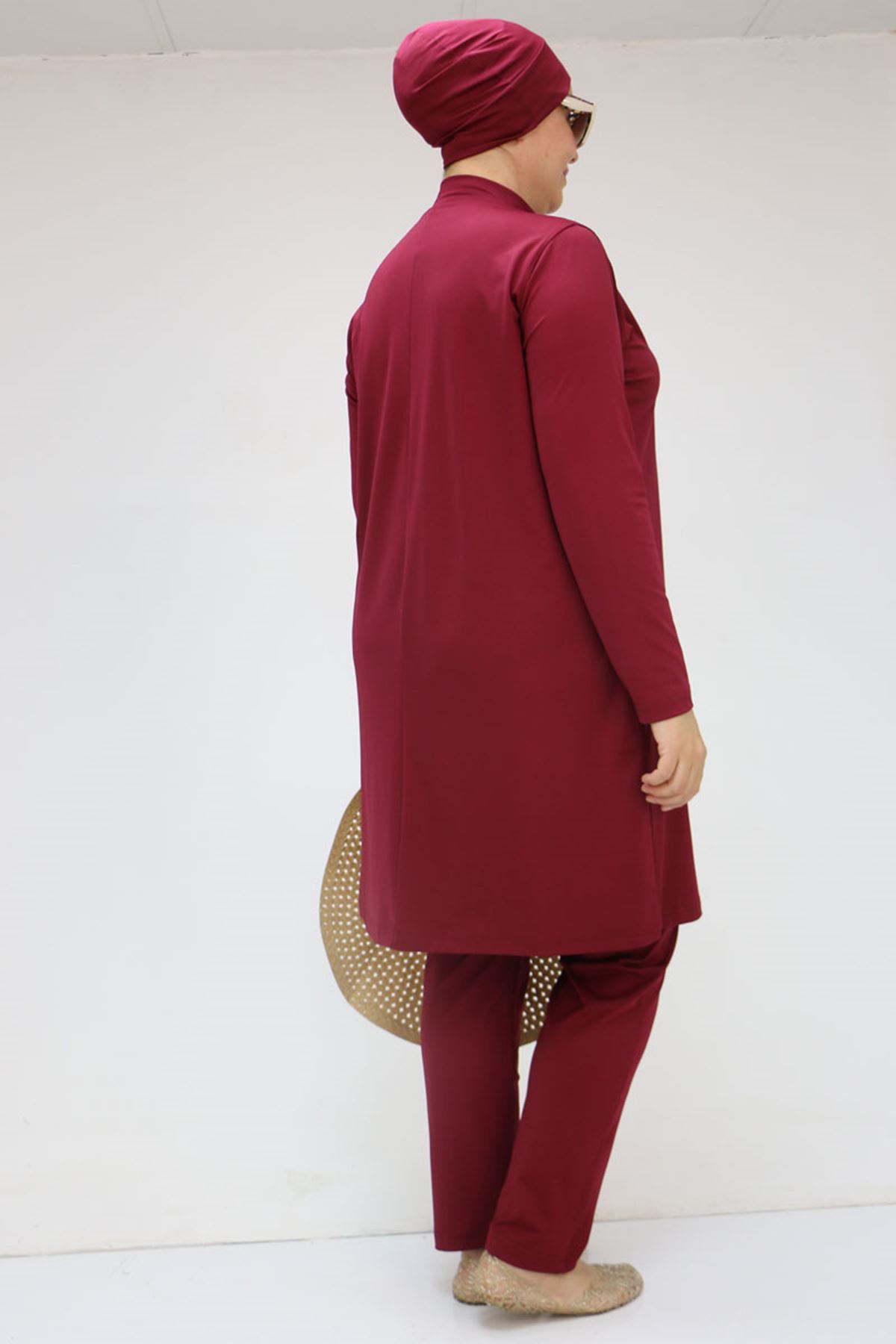 1738 Büyük Beden Uzunkol Tesettür Mayo - Bordo