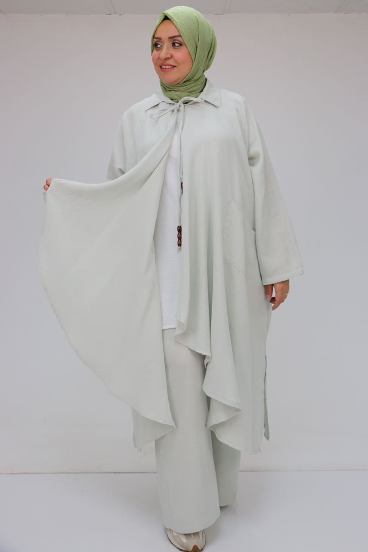 57017 Büyük Beden Torba Cepli Müslin Pantolonlu Takım - Açık Gri