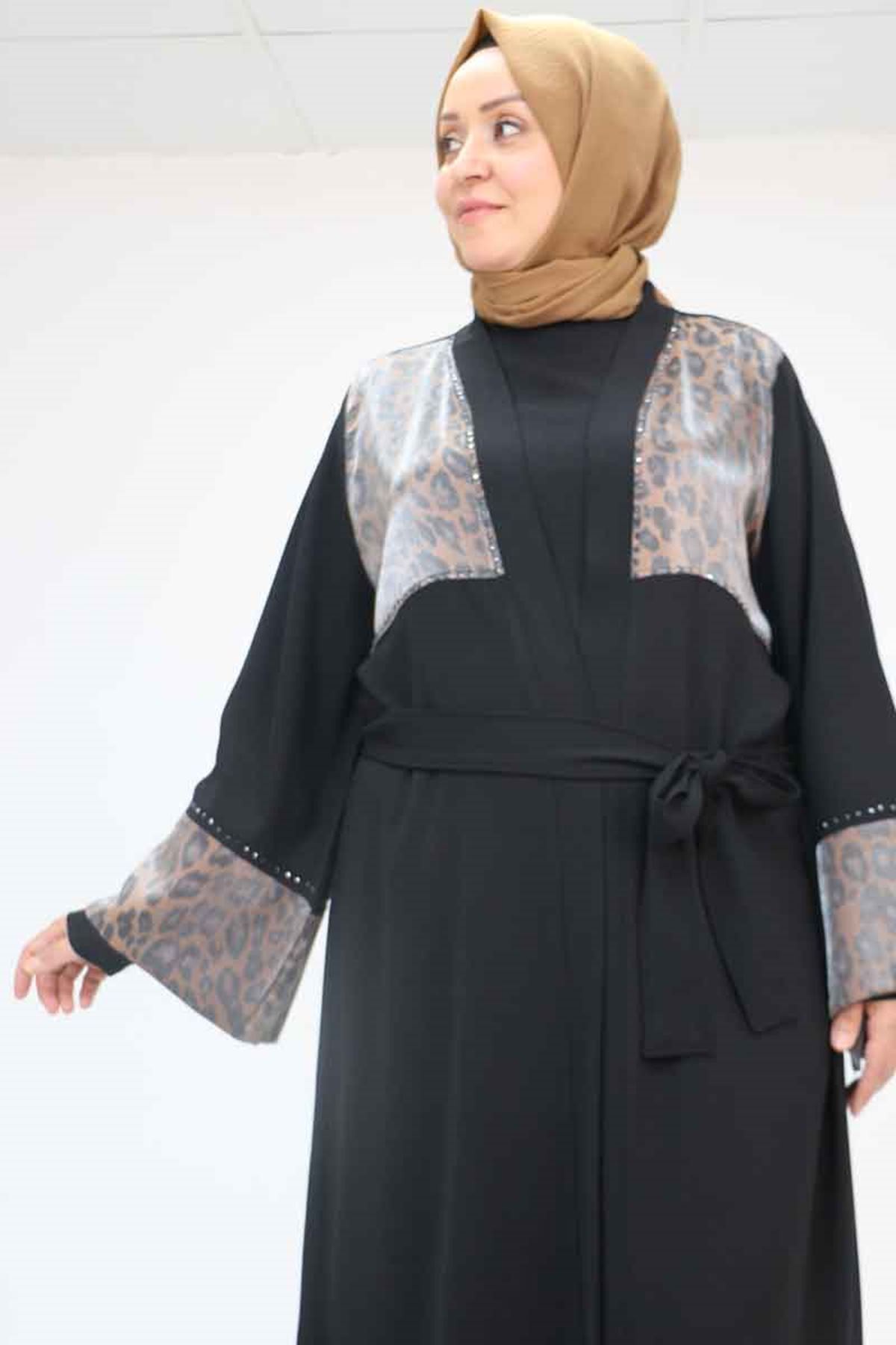 57207 Büyük Beden Garni Detaylı Etamin Elbiseli Abaya - Siyah