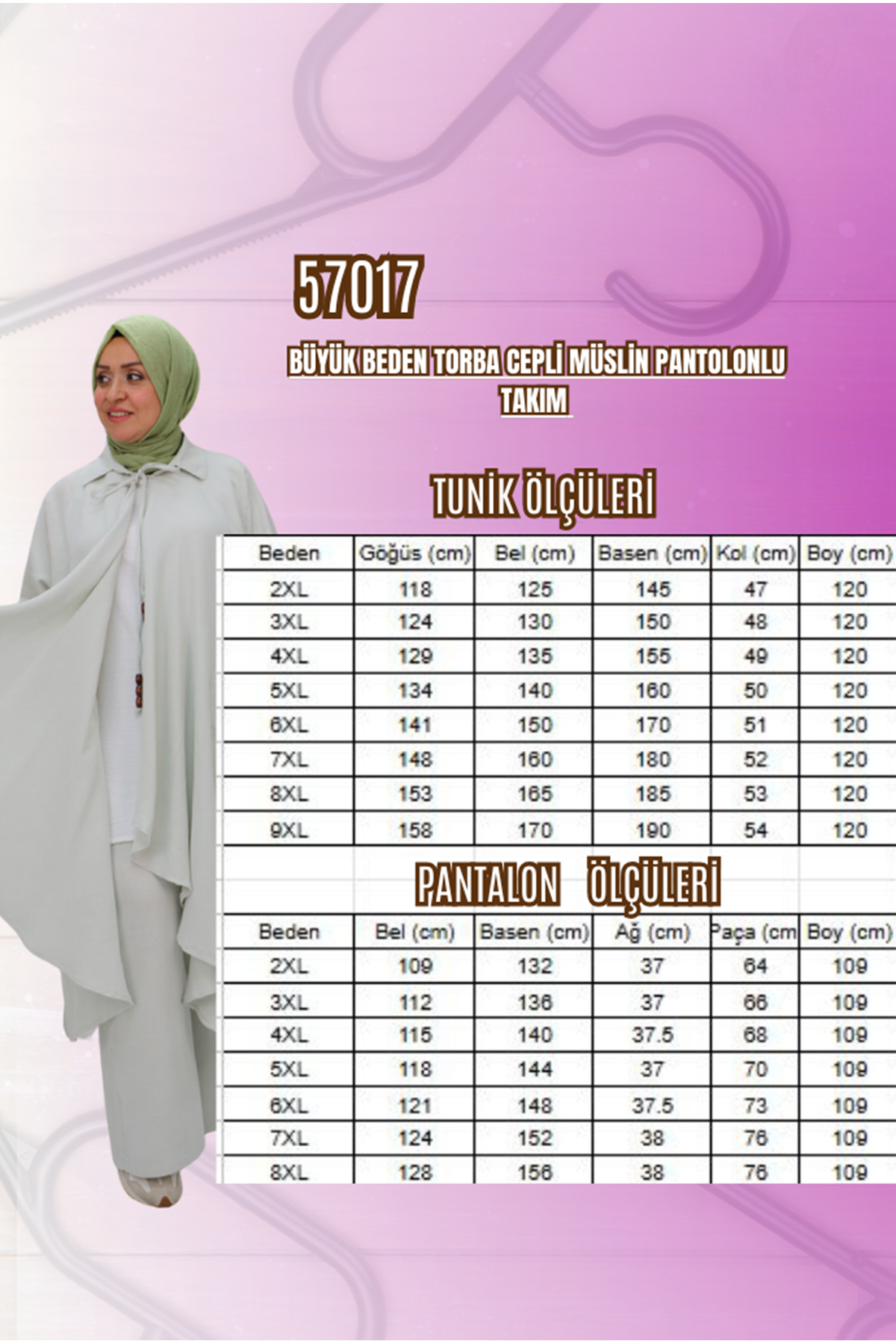 57017 Büyük Beden Torba Cepli Müslin Pantolonlu Takım - Açık Gri