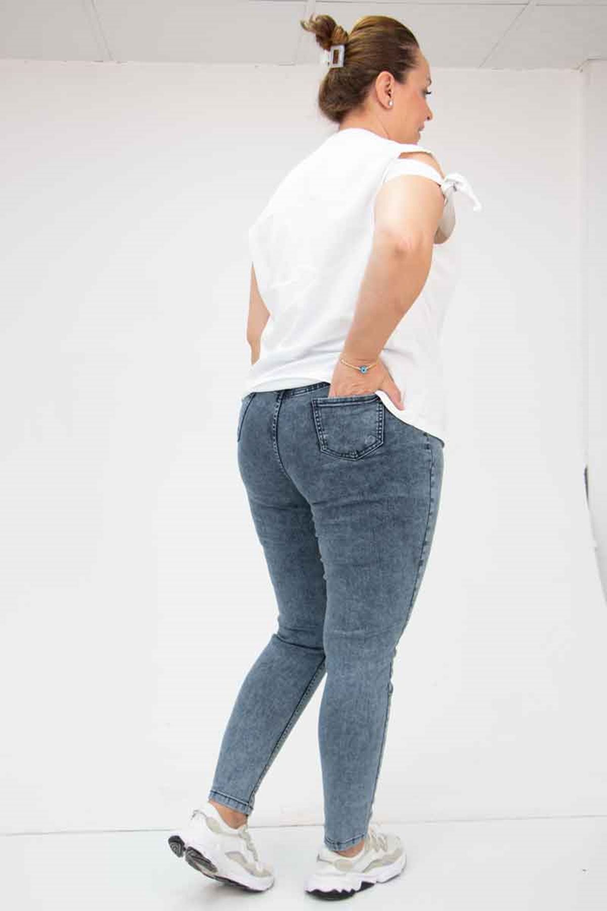 9184-11 Büyük Beden Beli Lastikli Dar Paça Uzun Kot Pantolon - Kar Yıkama Lacivert