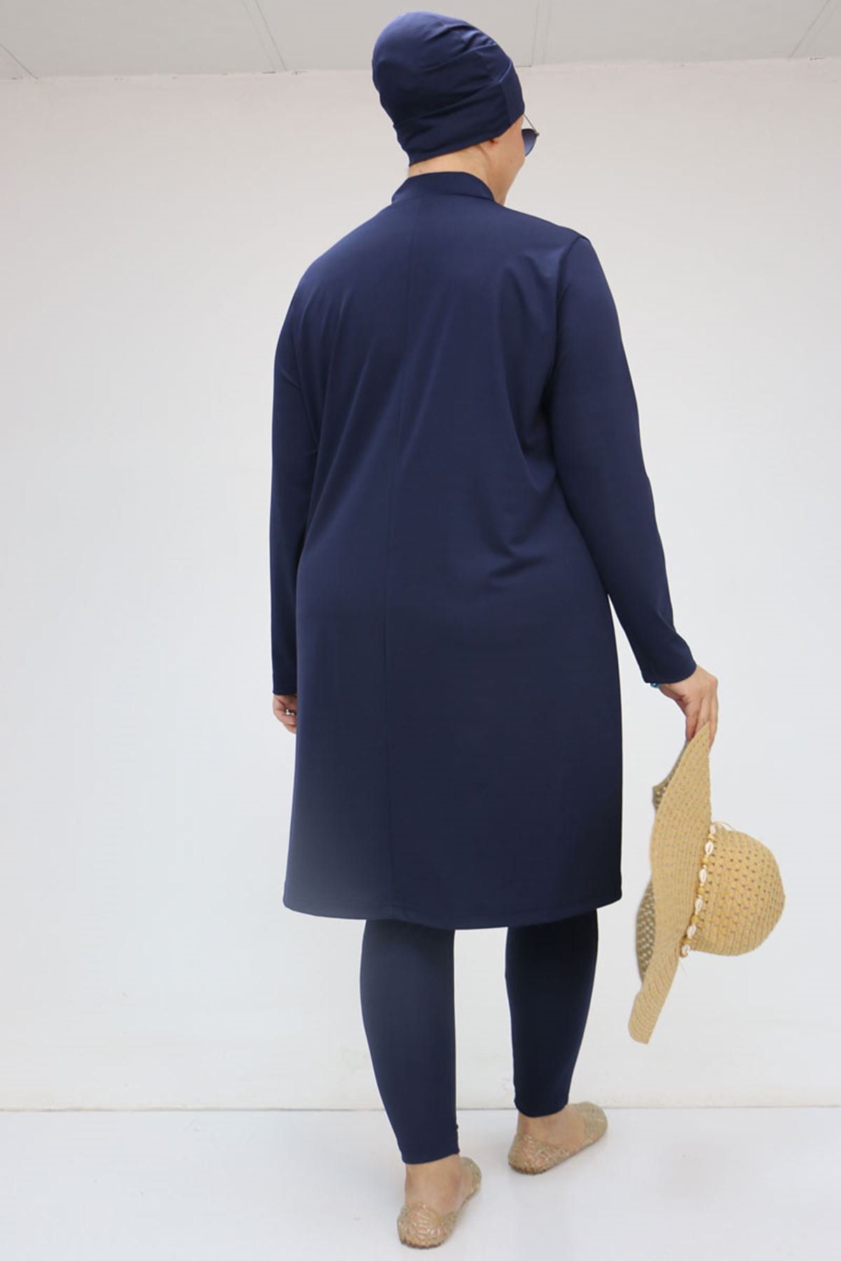 1737 Büyük Beden Uzunkol Tesettür Mayo - Lacivert