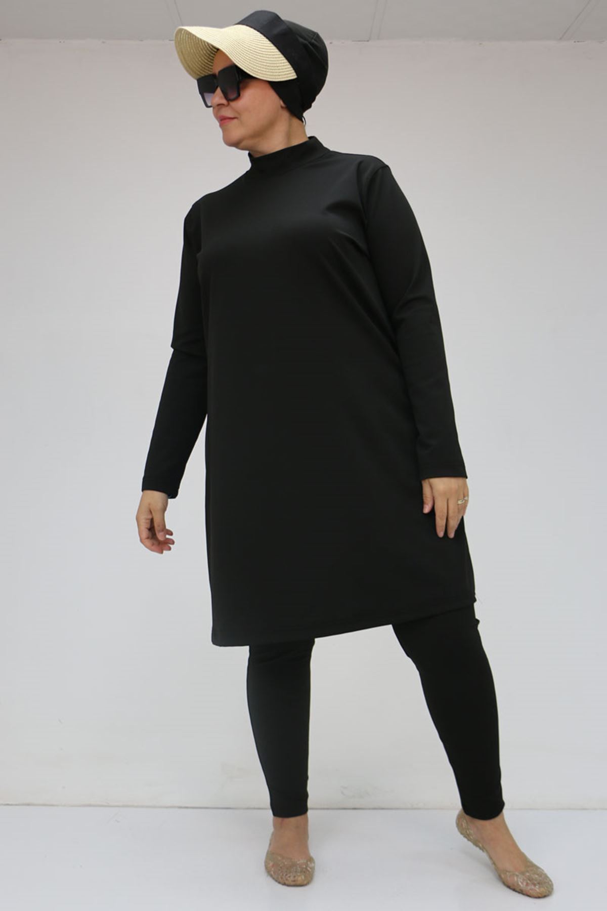 1737 Büyük Beden Uzunkol Tesettür Mayo - Siyah