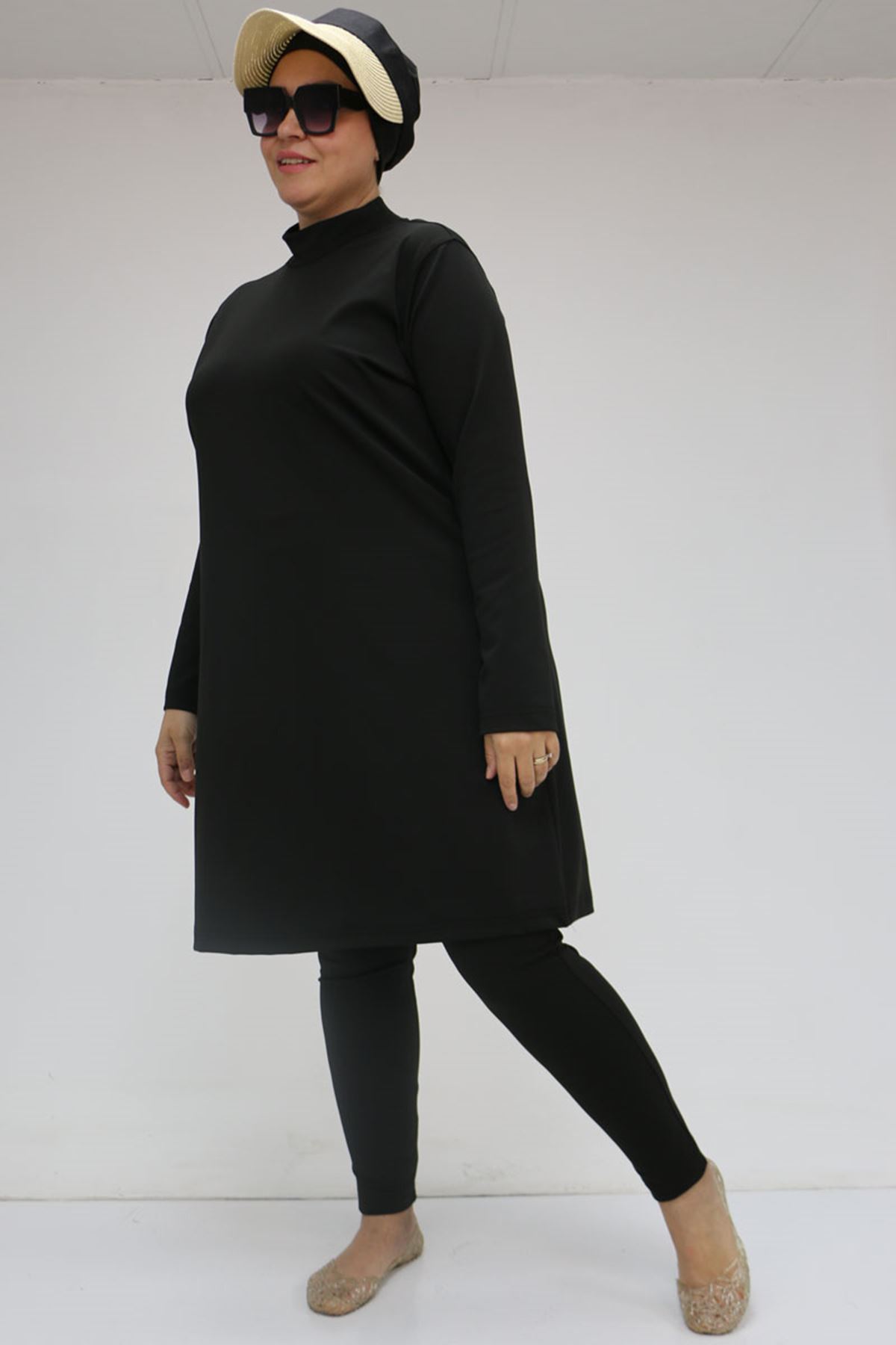 1737 Büyük Beden Uzunkol Tesettür Mayo - Siyah