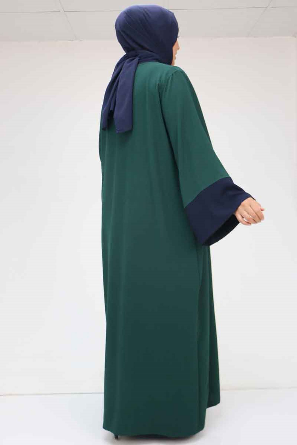 57204 Büyük Beden Patı Garnili Etamin Elbiseli Abaya - Zümrüt-Lacivert