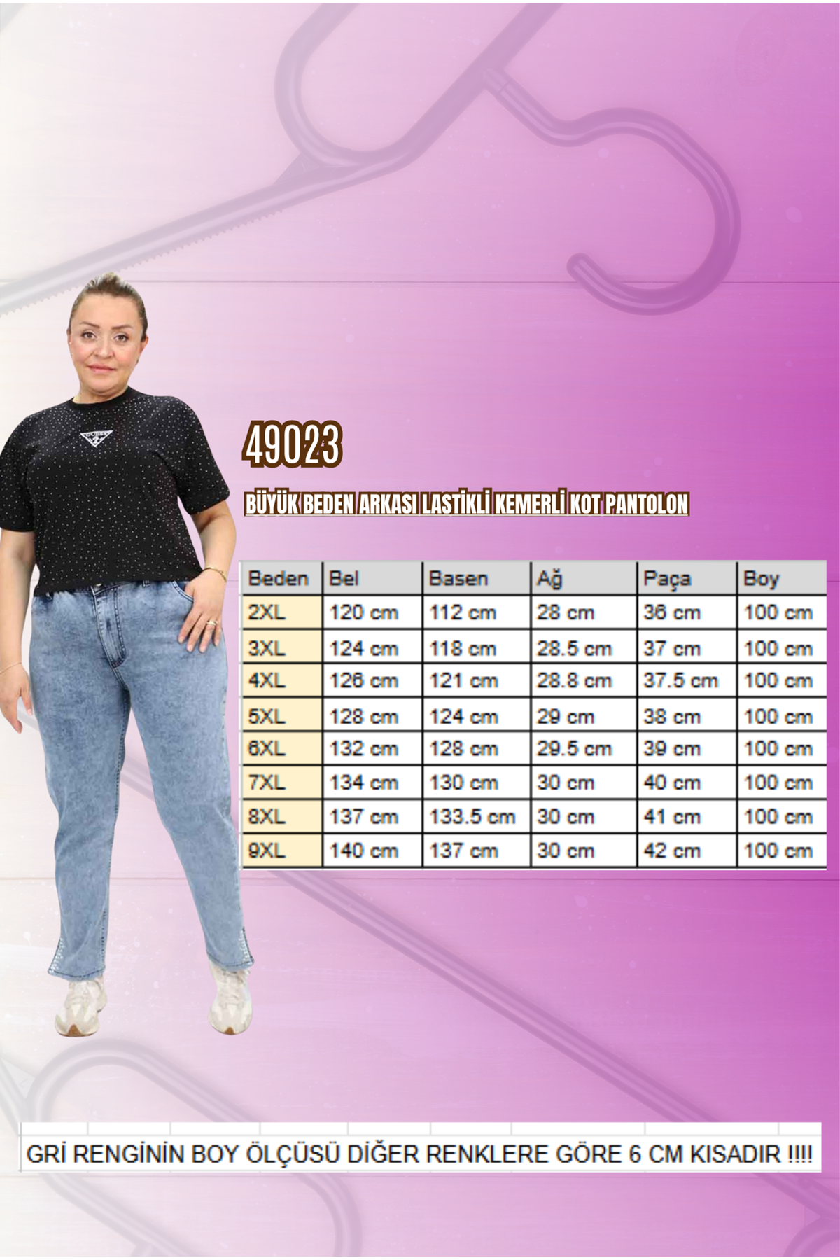 49023 Büyük Beden Arkası Lastikli Kemerli Kot Pantolon - Antrasit