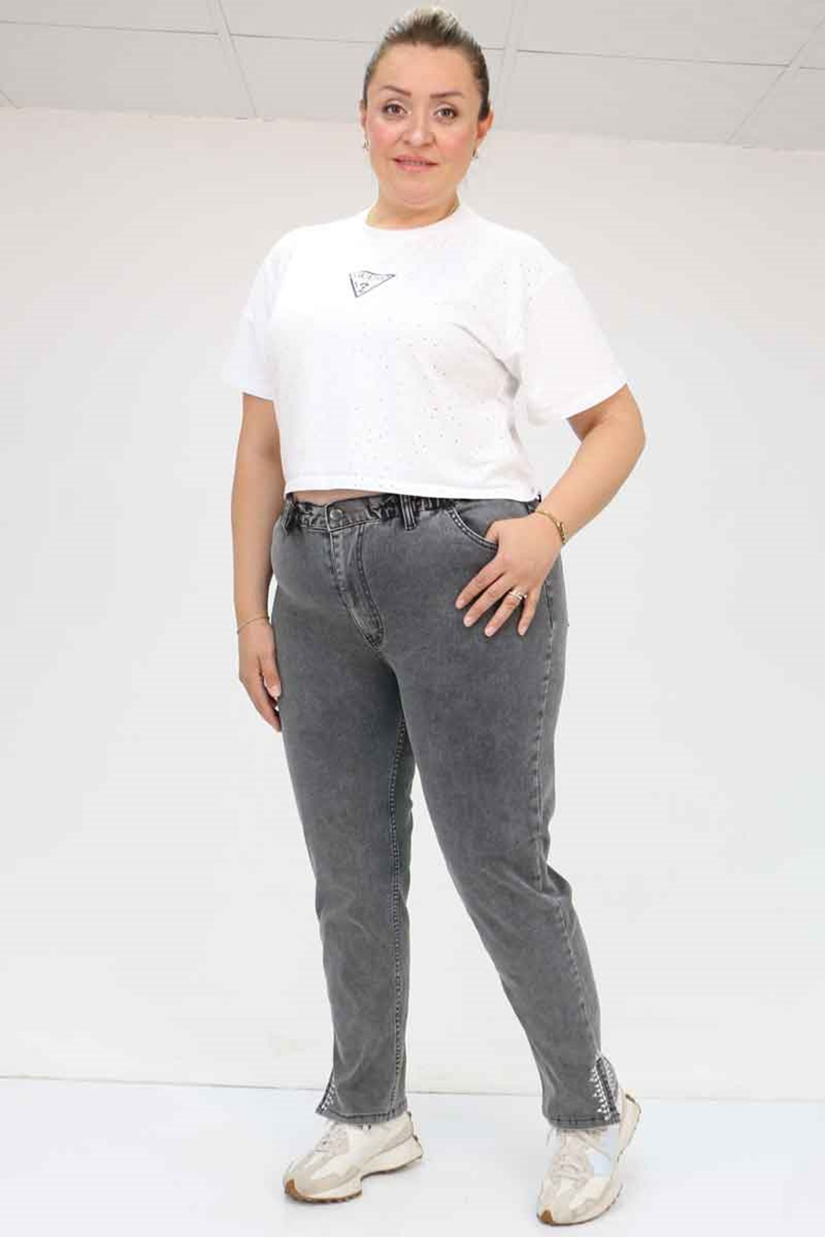 49023 Büyük Beden Arkası Lastikli Kemerli Kot Pantolon - Antrasit