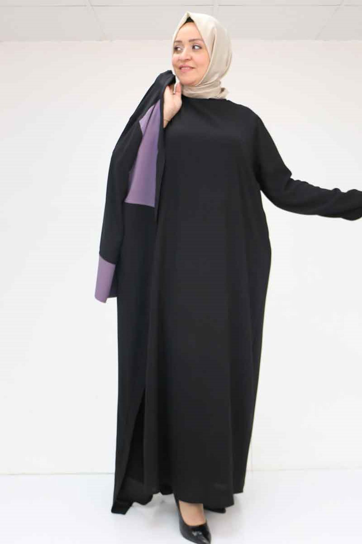 57206 Büyük Beden Garni Detaylı Etamin Elbiseli Abaya - Siyah-Lila