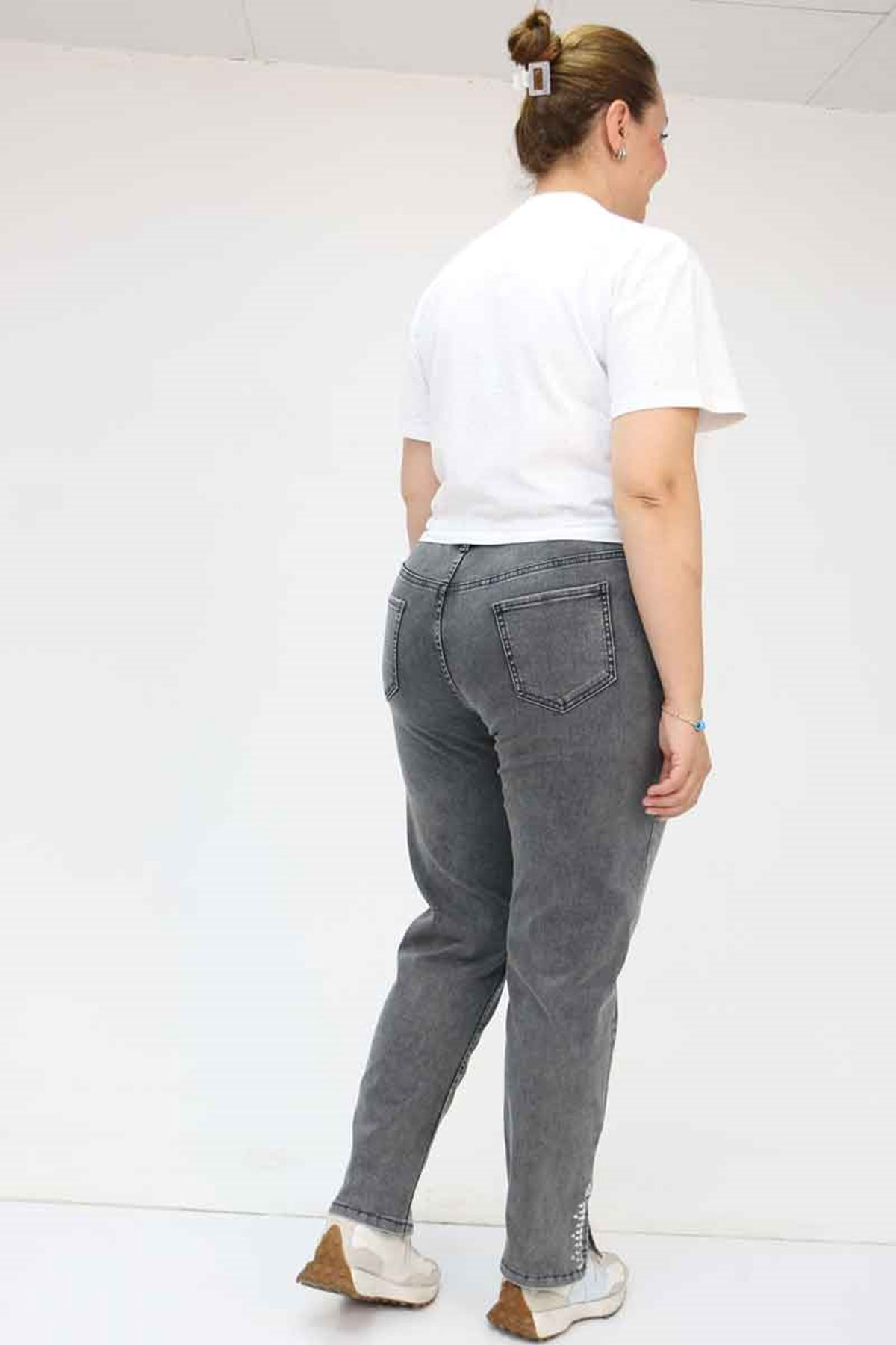 49023 Büyük Beden Arkası Lastikli Kemerli Kot Pantolon - Antrasit