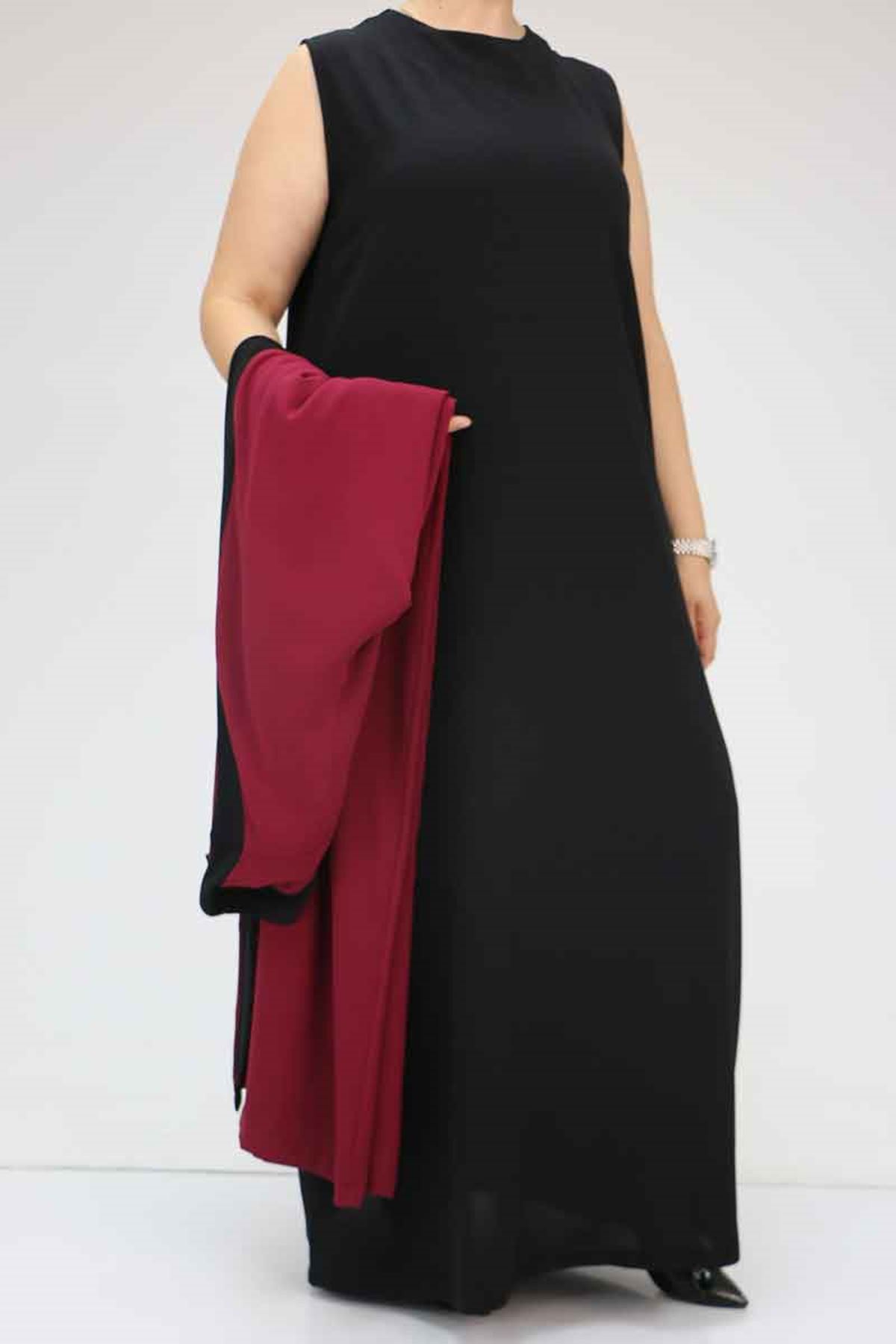 57204 Büyük Beden Patı Garnili Etamin Elbiseli Abaya - Bordo-Siyah