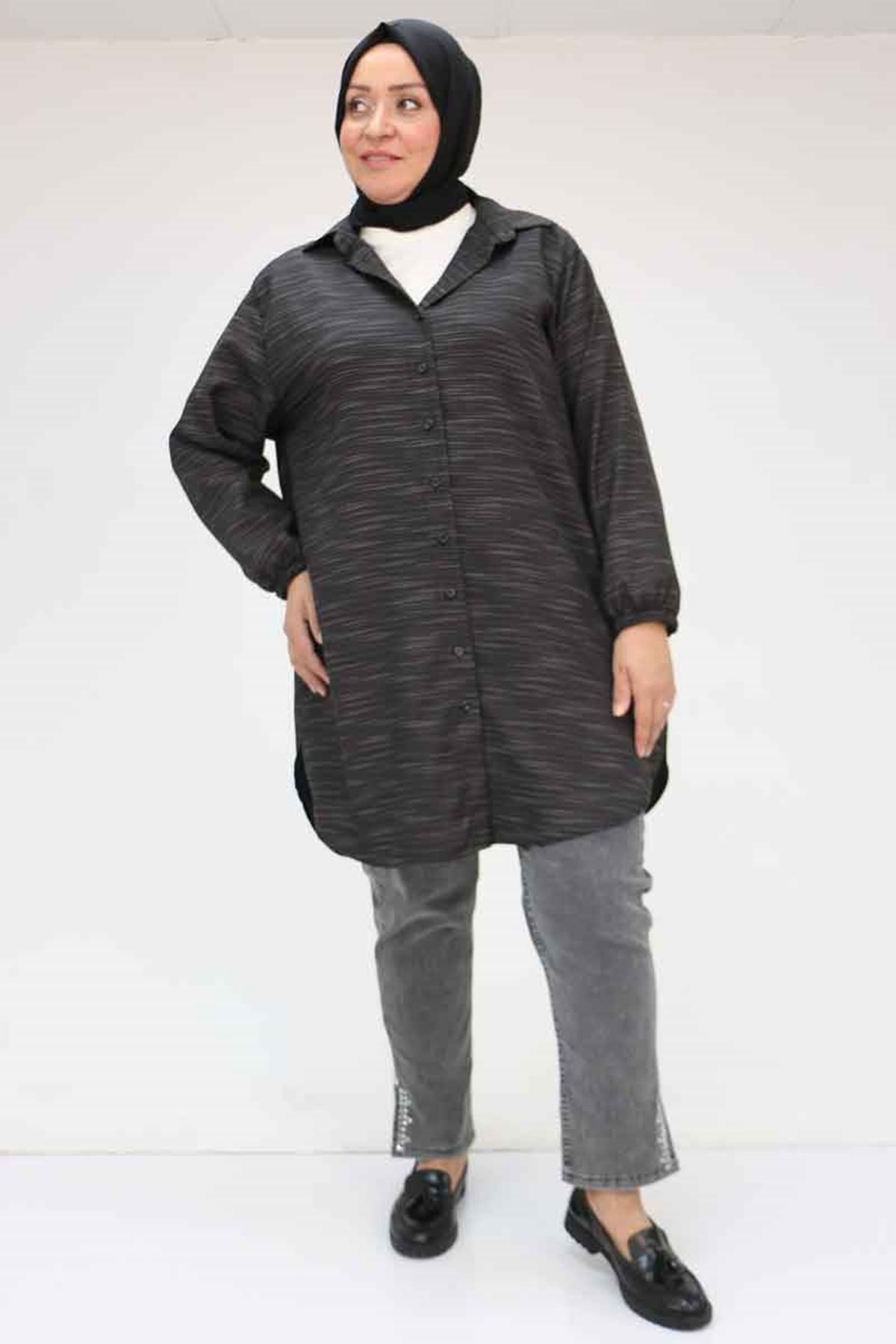 58068 Büyük Beden Erkek Yakalı Gömlek - Siyah Kırçıllı