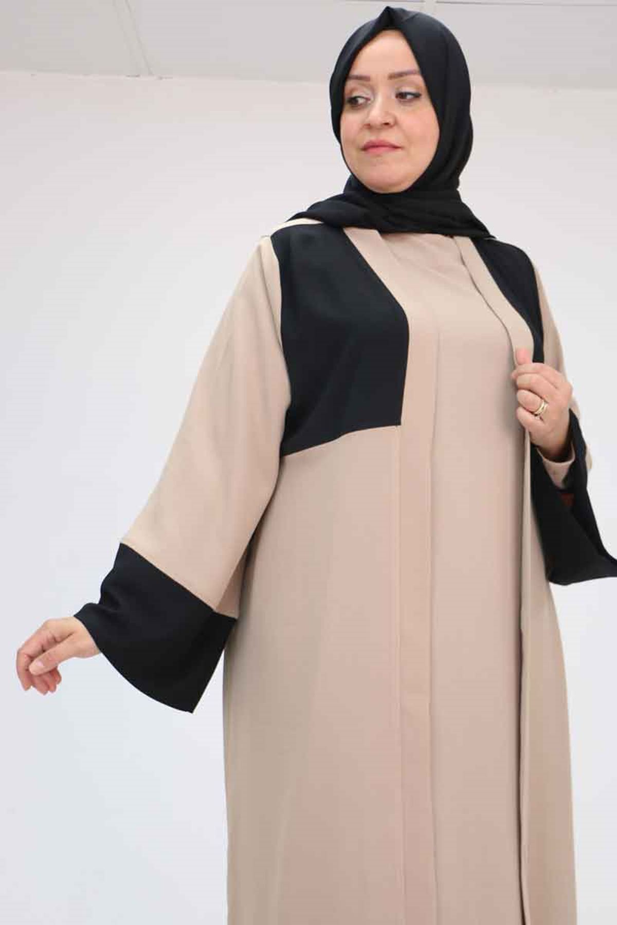 57206 Büyük Beden Garni Detaylı Etamin Elbiseli Abaya - Siyah-Vizon