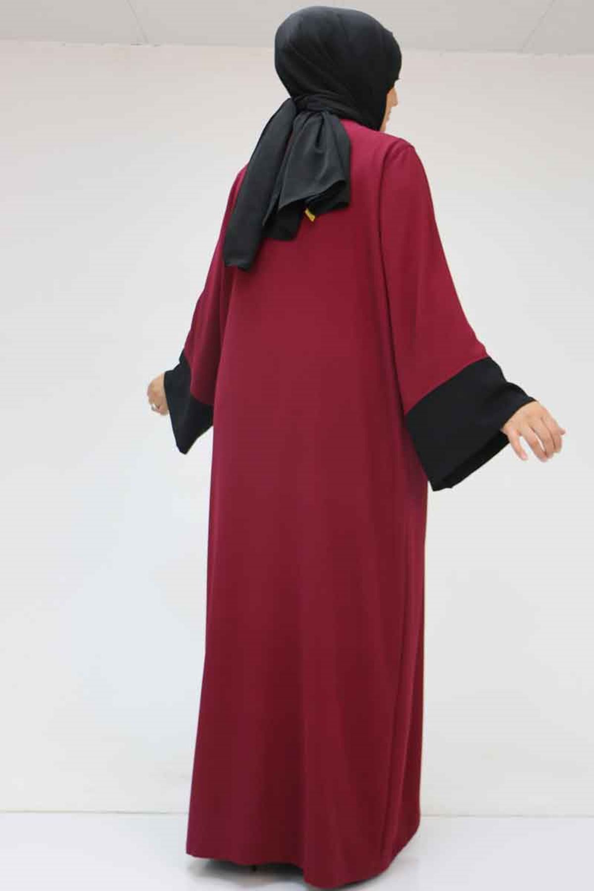 57204 Büyük Beden Patı Garnili Etamin Elbiseli Abaya - Bordo-Siyah