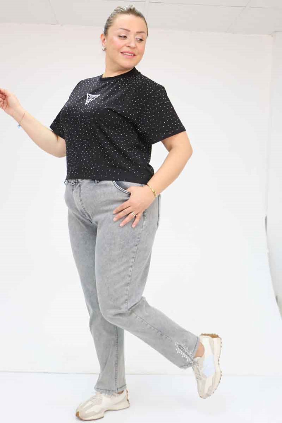 49023 Büyük Beden Arkası Lastikli Kemerli Kot Pantolon - Gri