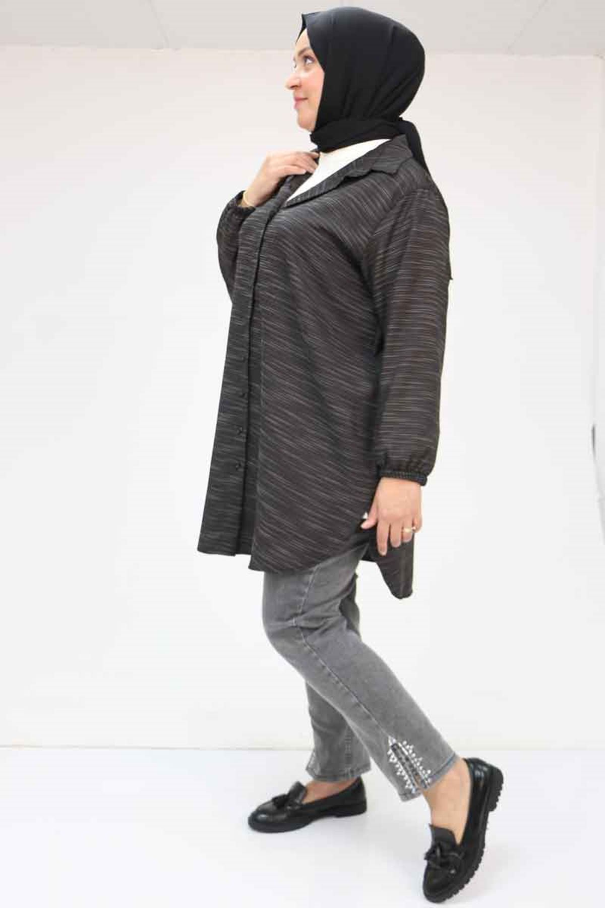 58068 Büyük Beden Erkek Yakalı Gömlek - Siyah Kırçıllı