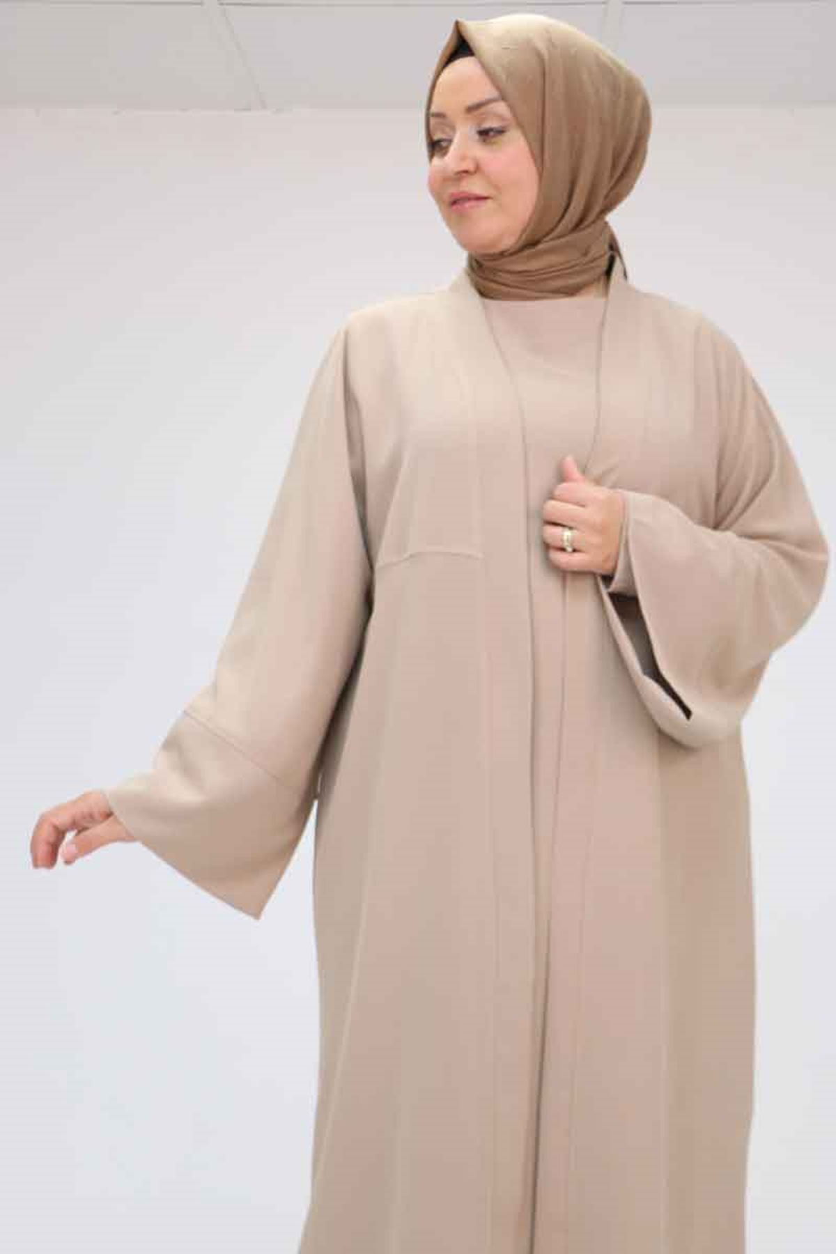 57210 Büyük Beden Renge Renk Garni Detaylı Abaya Takım - Vizon