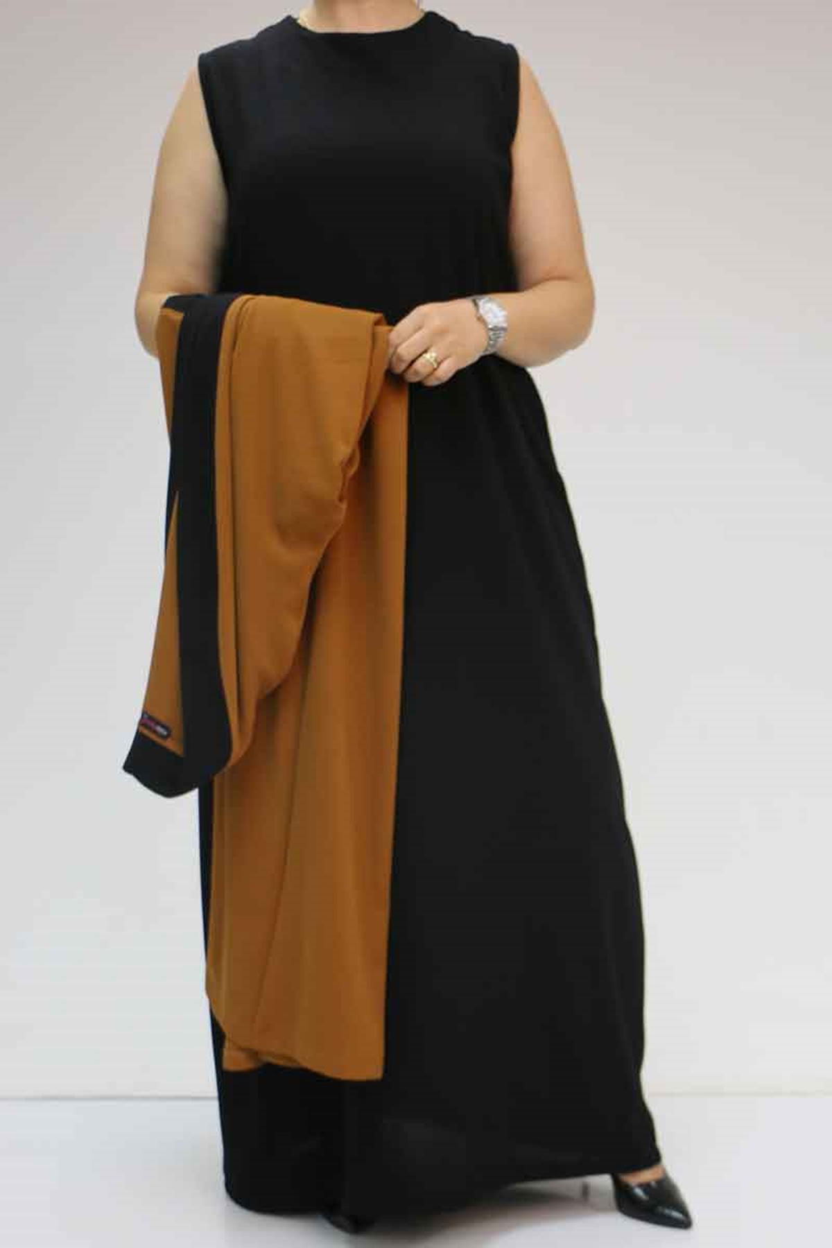 57204 Büyük Beden Patı Garnili Etamin Elbiseli Abaya - Taba-Siyah