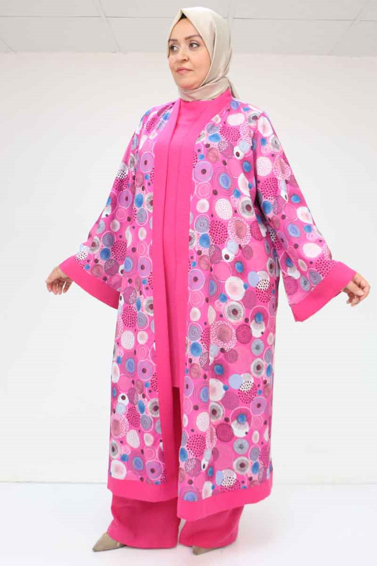 57301 Büyük Beden Farklı Kumaş Kombinli Üçlü Takım - Fuşya