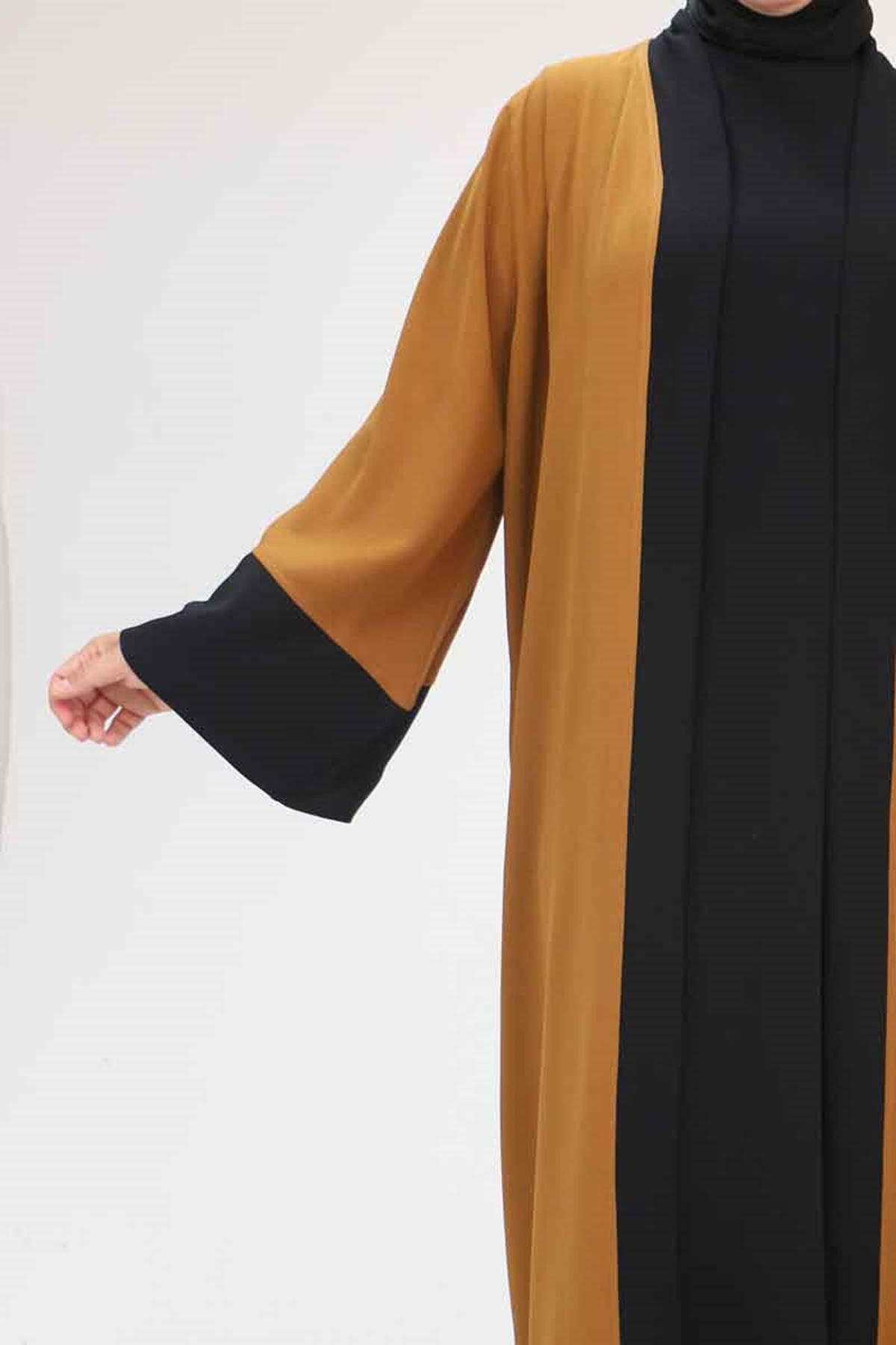 57204 Büyük Beden Patı Garnili Etamin Elbiseli Abaya - Taba-Siyah