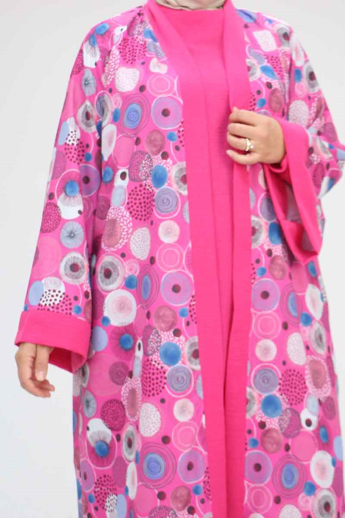 57301 Büyük Beden Farklı Kumaş Kombinli Üçlü Takım - Fuşya