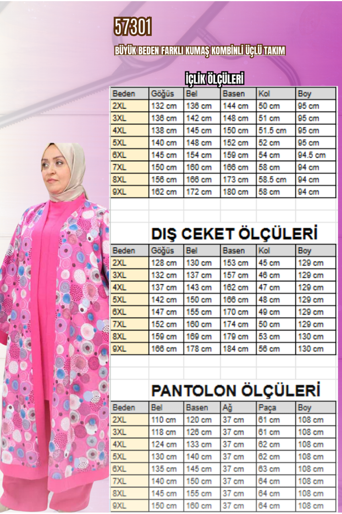 57301 Büyük Beden Farklı Kumaş Kombinli Üçlü Takım - Fuşya