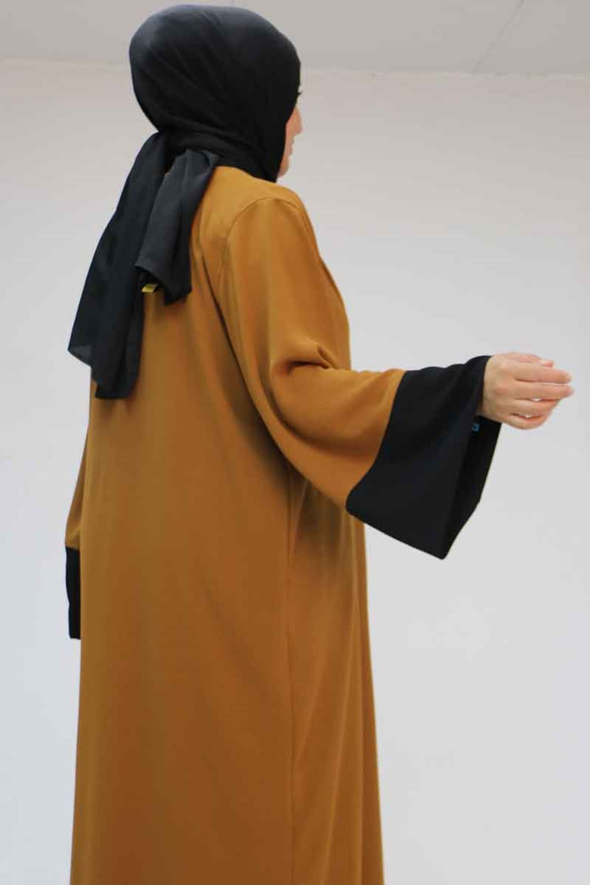 57204 Büyük Beden Patı Garnili Etamin Elbiseli Abaya - Taba-Siyah