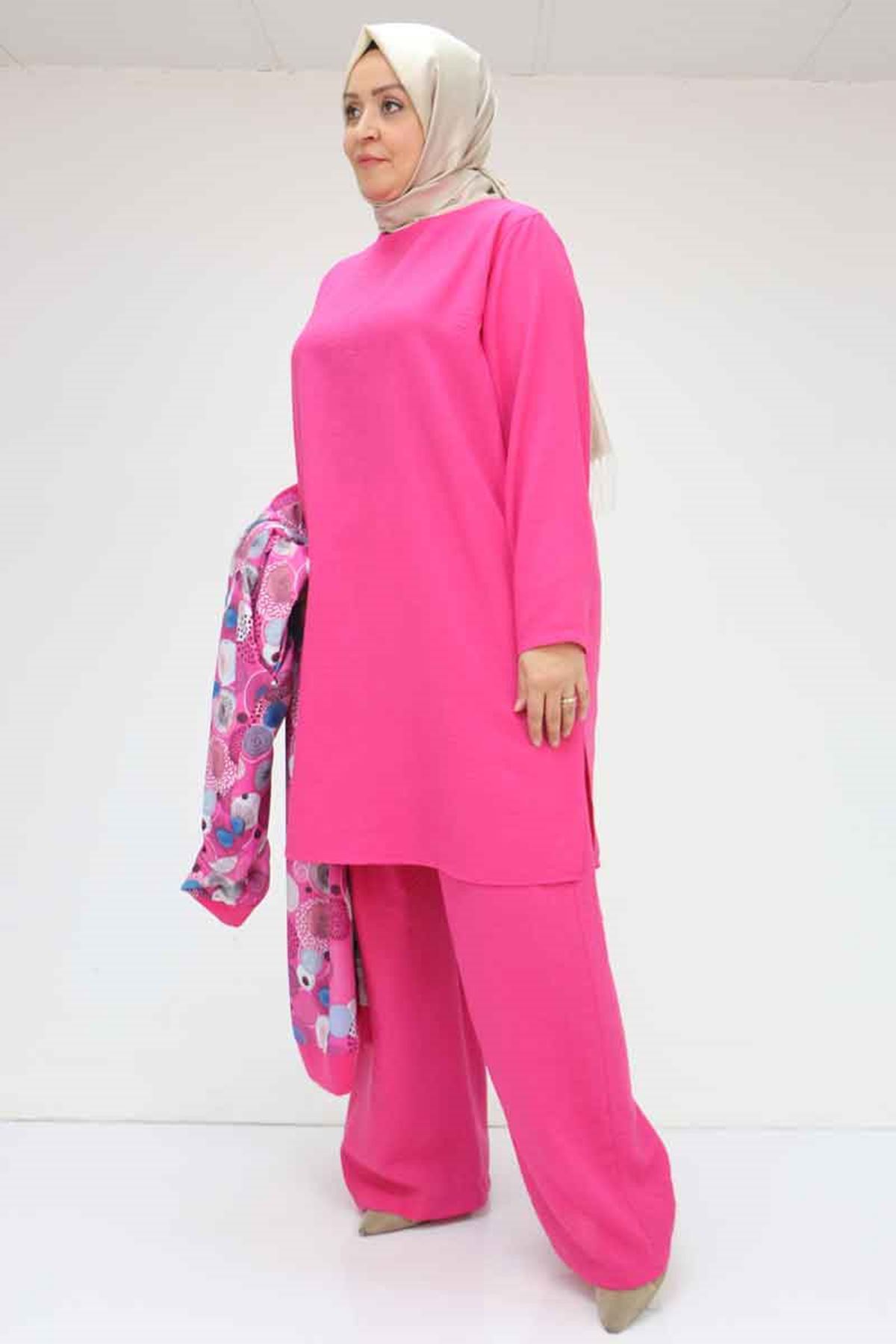 57301 Büyük Beden Farklı Kumaş Kombinli Üçlü Takım - Fuşya