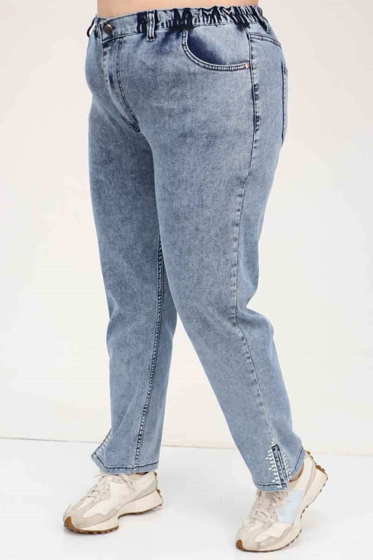 49023 Büyük Beden Arkası Lastikli Kemerli Kot Pantolon - Mavi