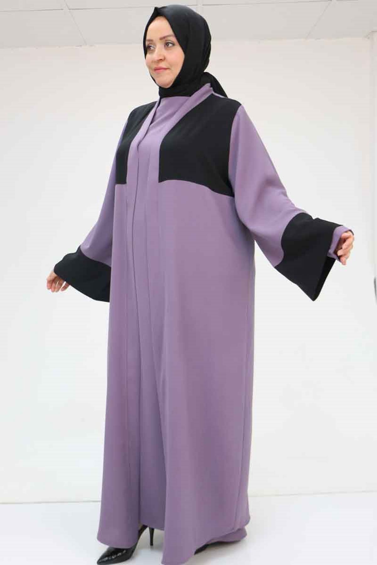 57206 Büyük Beden Garni Detaylı Etamin Elbiseli Abaya - Lila-Siyah
