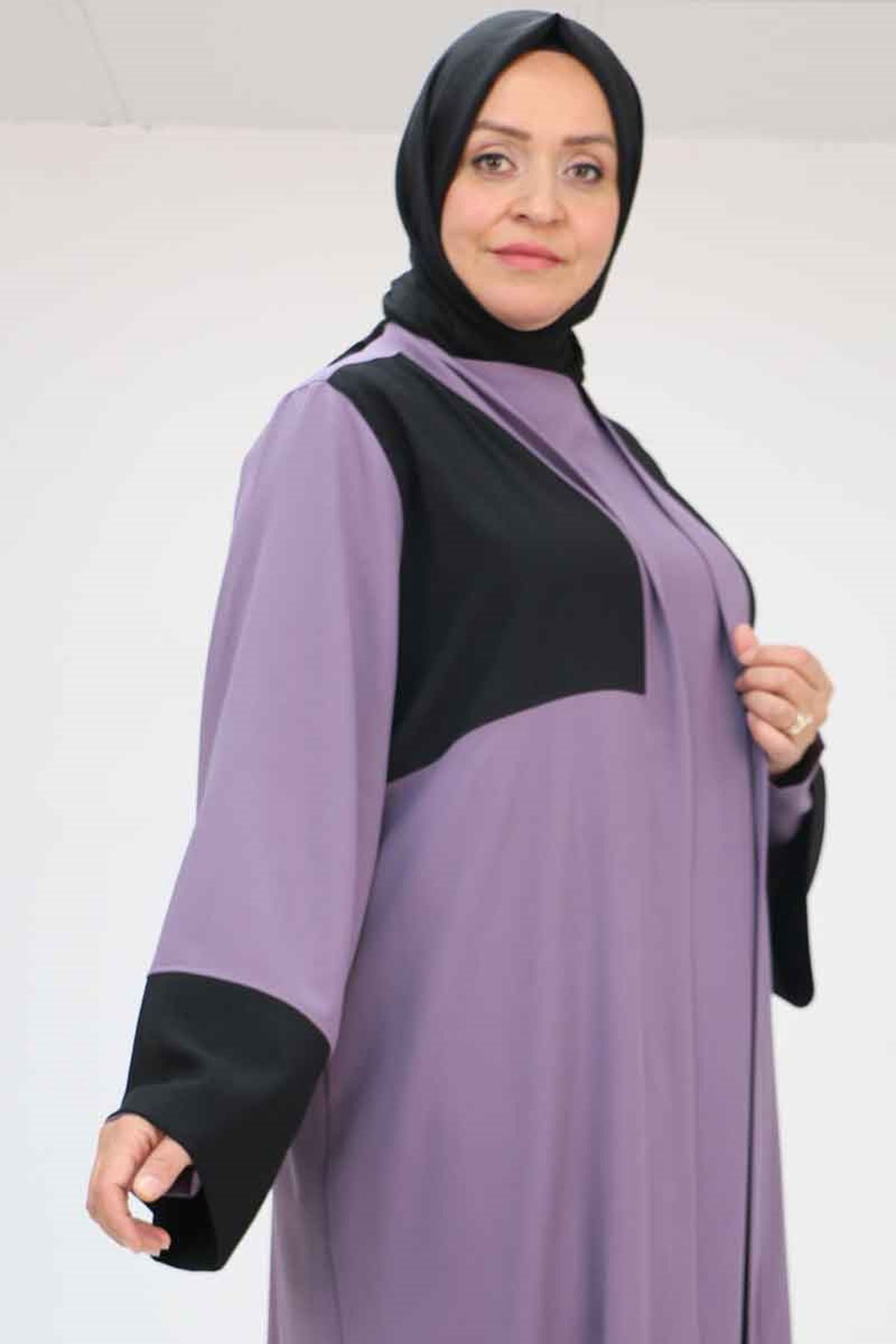 57206 Büyük Beden Garni Detaylı Etamin Elbiseli Abaya - Lila-Siyah