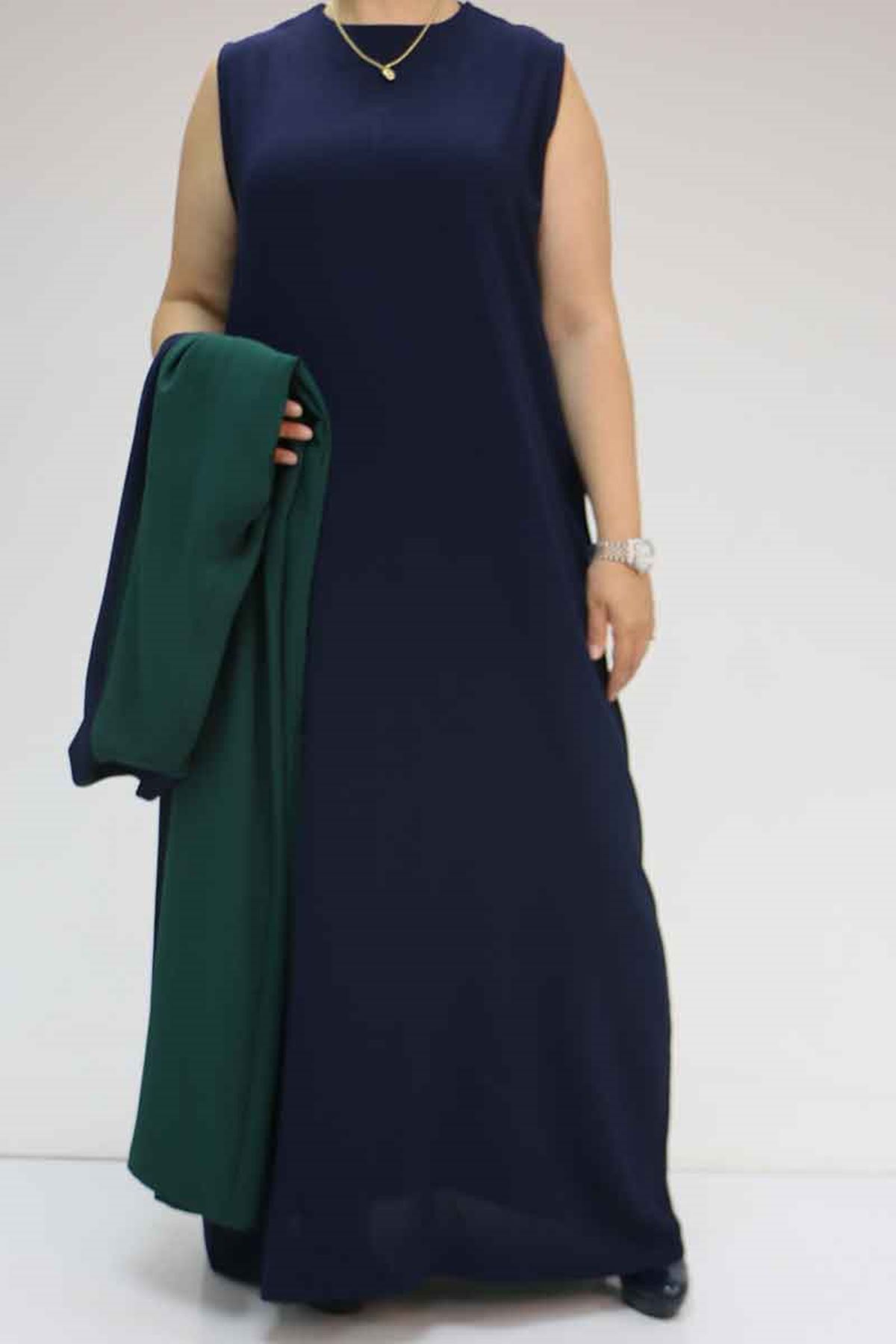 57204 Büyük Beden Patı Garnili Etamin Elbiseli Abaya - Zümrüt-Lacivert