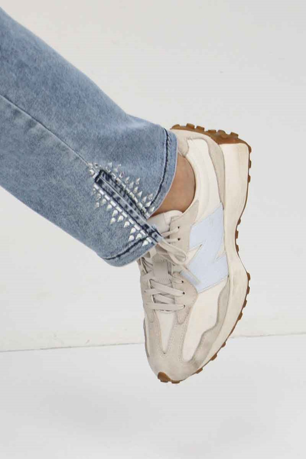 49023 Büyük Beden Arkası Lastikli Kemerli Kot Pantolon - Mavi