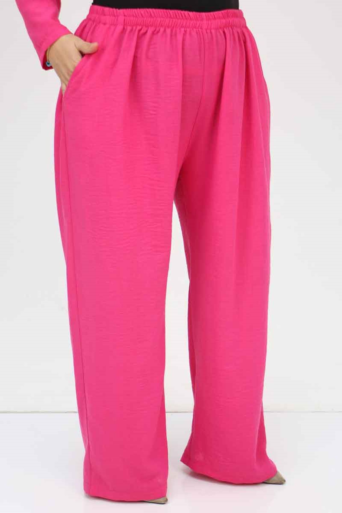 57301 Büyük Beden Farklı Kumaş Kombinli Üçlü Takım - Fuşya