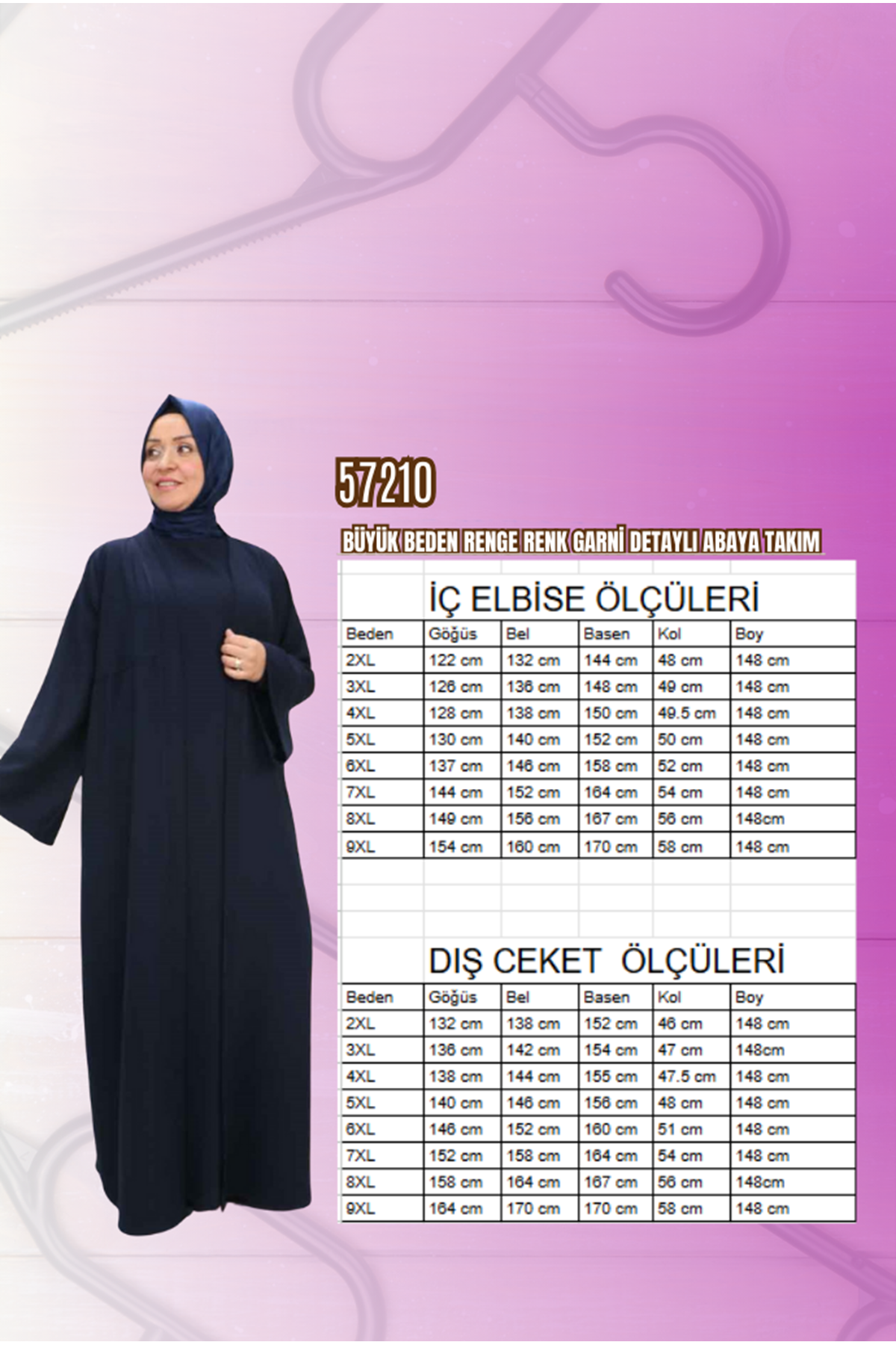 57210 Büyük Beden Renge Renk Garni Detaylı Abaya Takım - Siyah