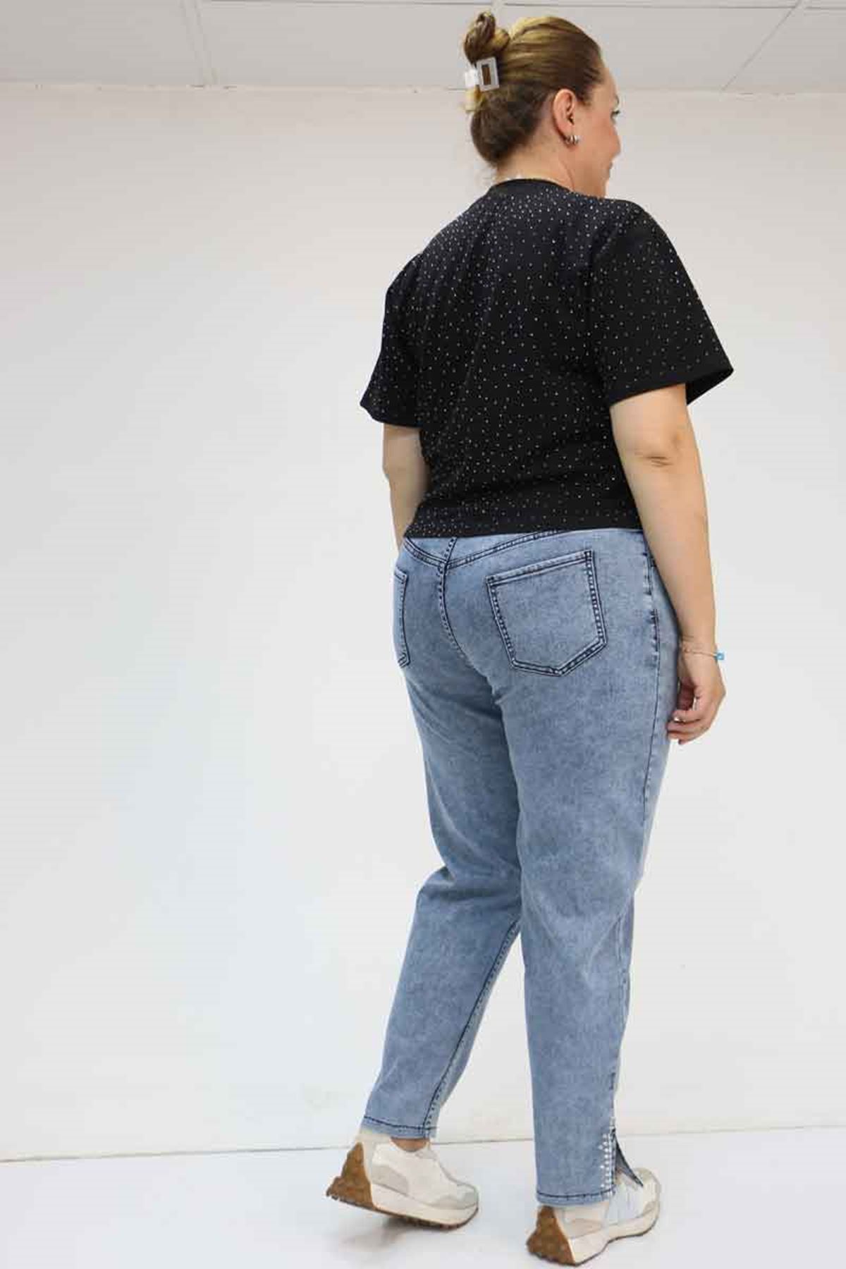 49023 Büyük Beden Arkası Lastikli Kemerli Kot Pantolon - Mavi