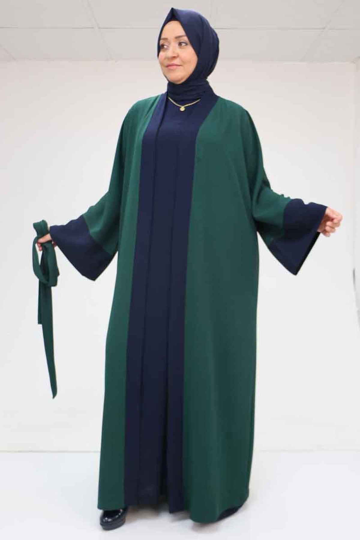 57204 Büyük Beden Patı Garnili Etamin Elbiseli Abaya - Zümrüt-Lacivert