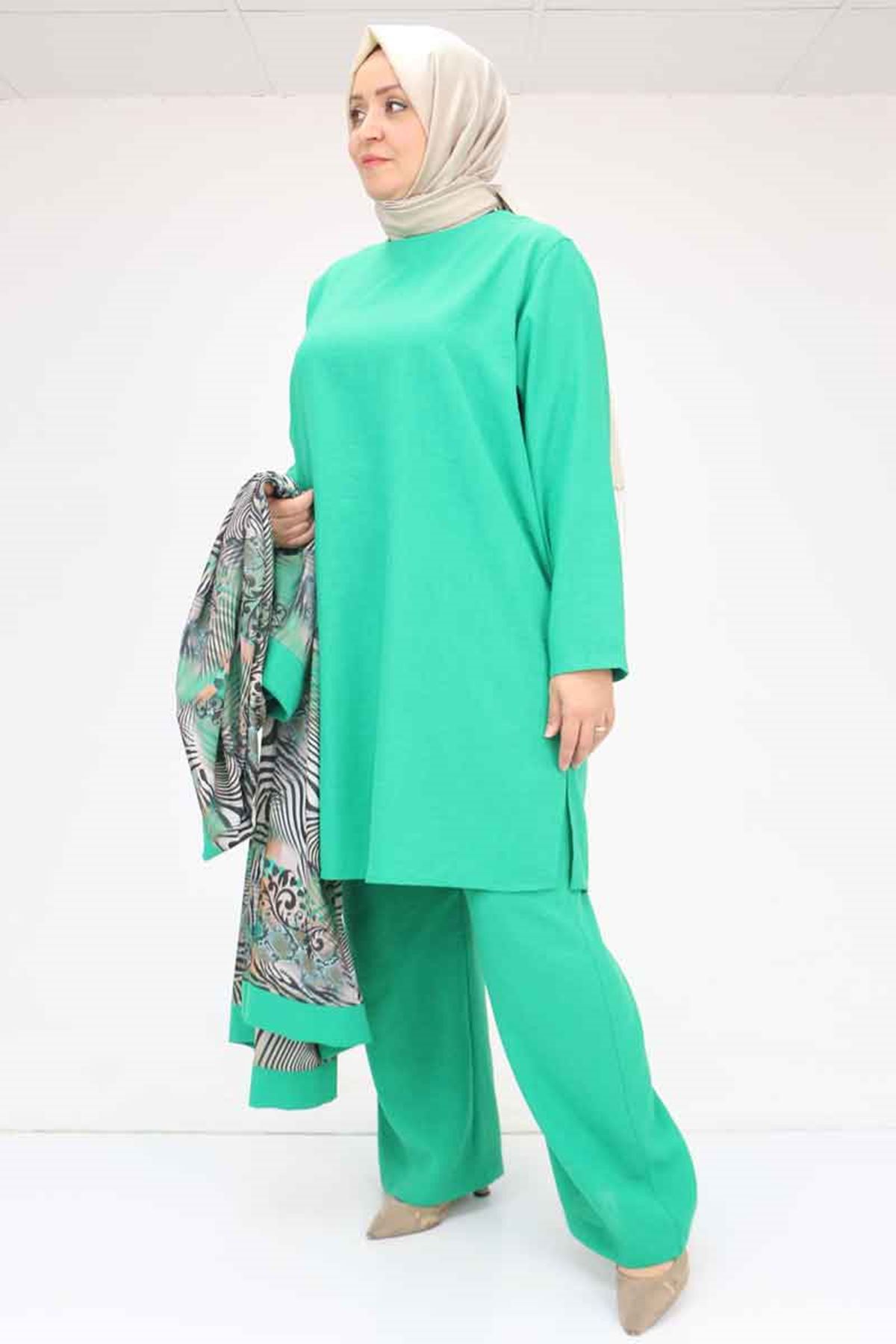 57301 Büyük Beden Farklı Kumaş Kombinli Üçlü Takım - Beneton