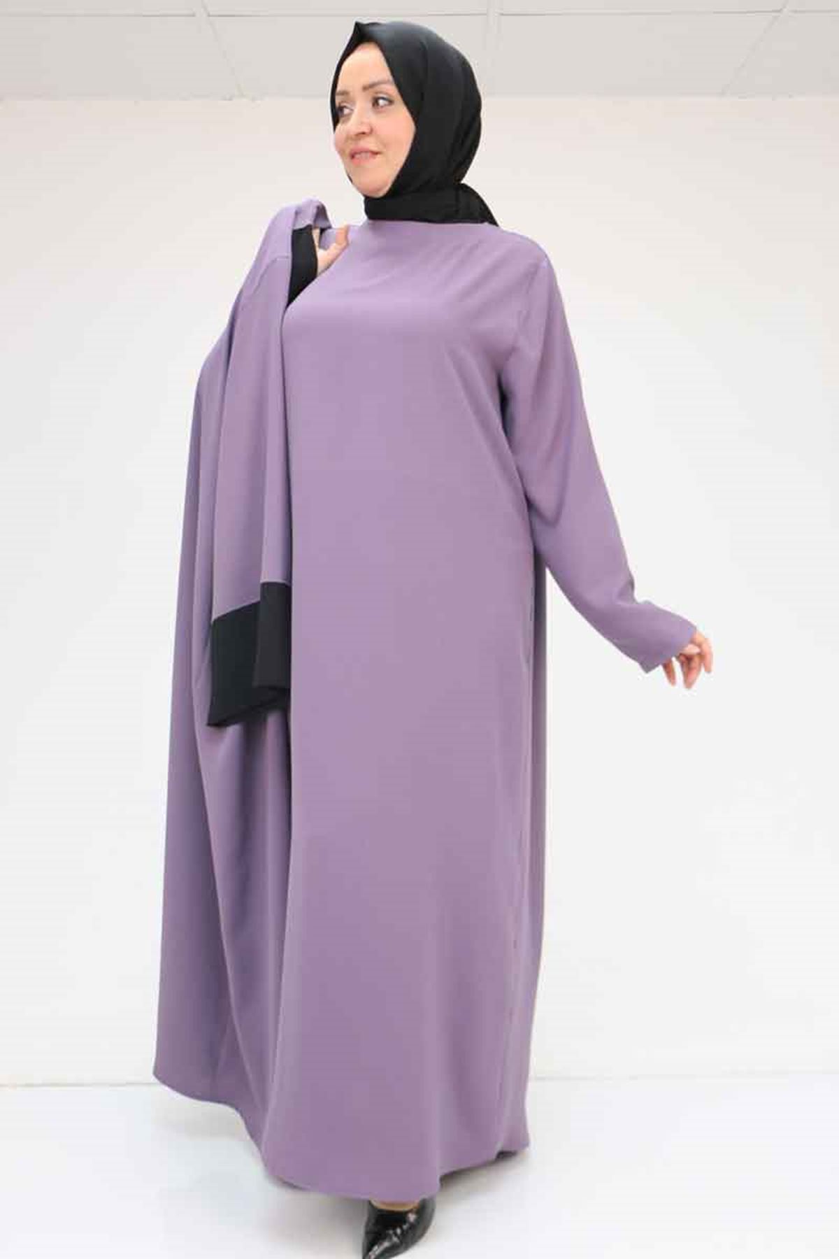 57206 Büyük Beden Garni Detaylı Etamin Elbiseli Abaya - Lila-Siyah