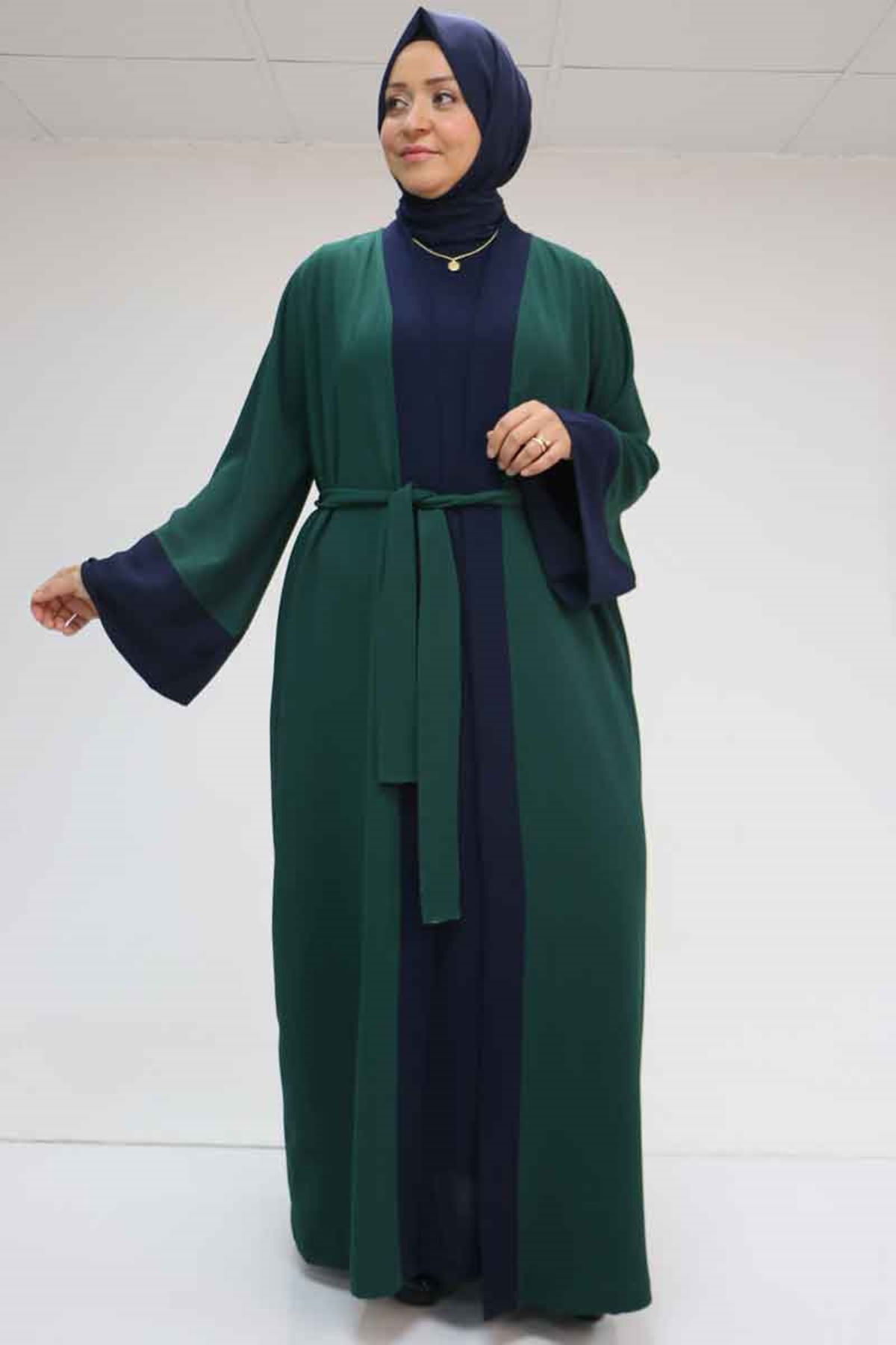57204 Büyük Beden Patı Garnili Etamin Elbiseli Abaya - Zümrüt-Lacivert