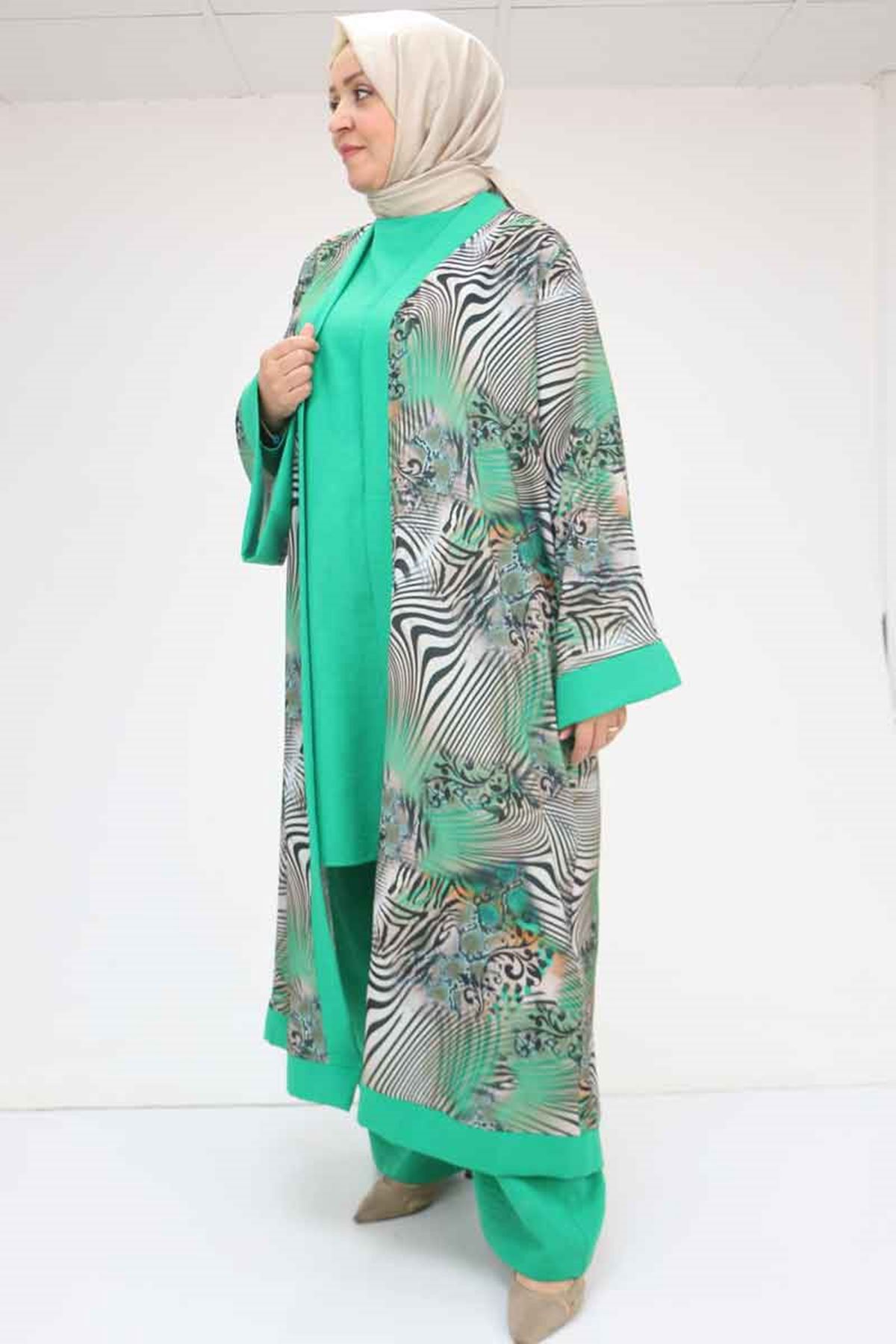 57301 Büyük Beden Farklı Kumaş Kombinli Üçlü Takım - Beneton