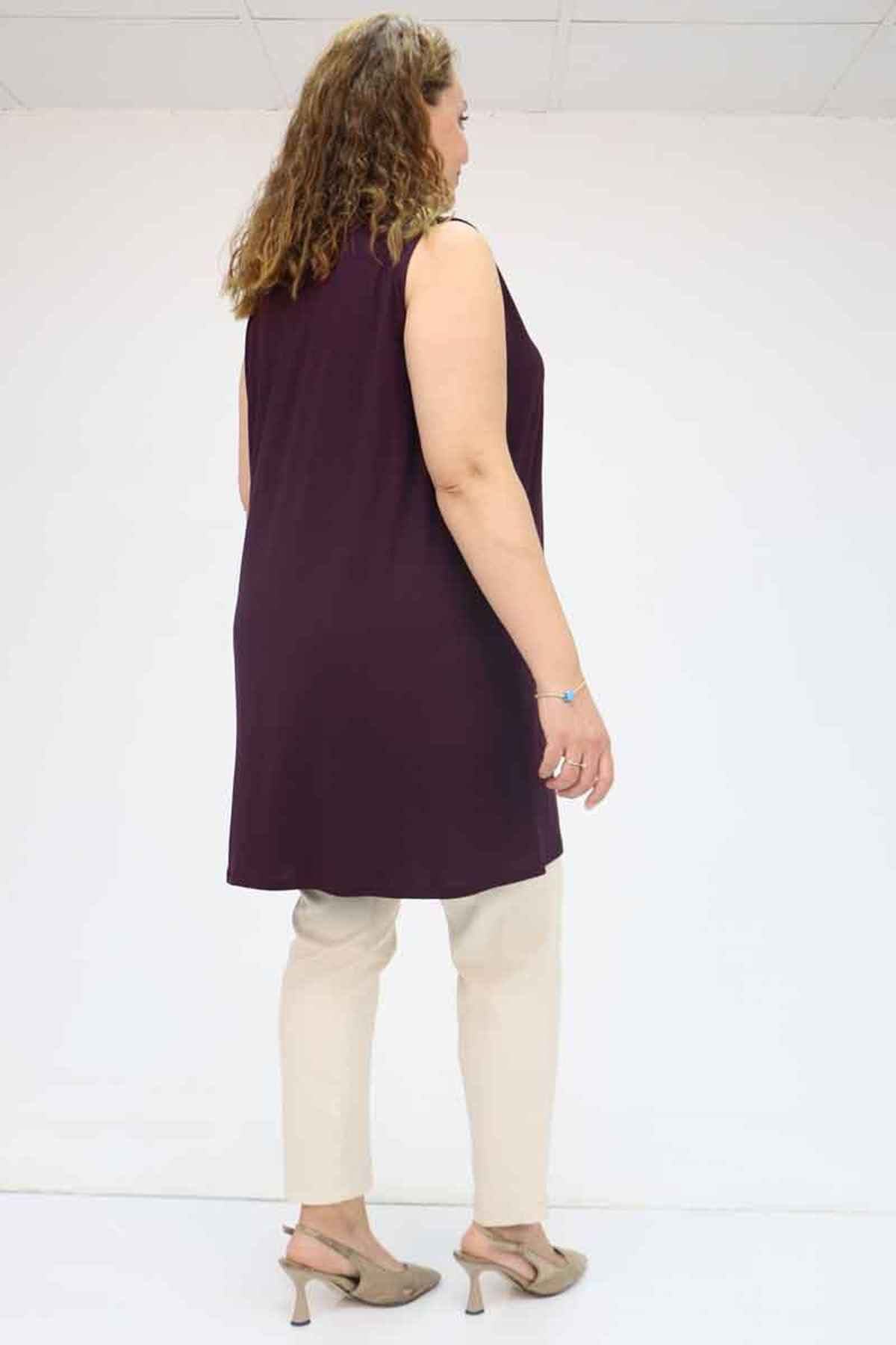 58501 Büyük Beden Hakim Yakalı Penye İçlik - Mor