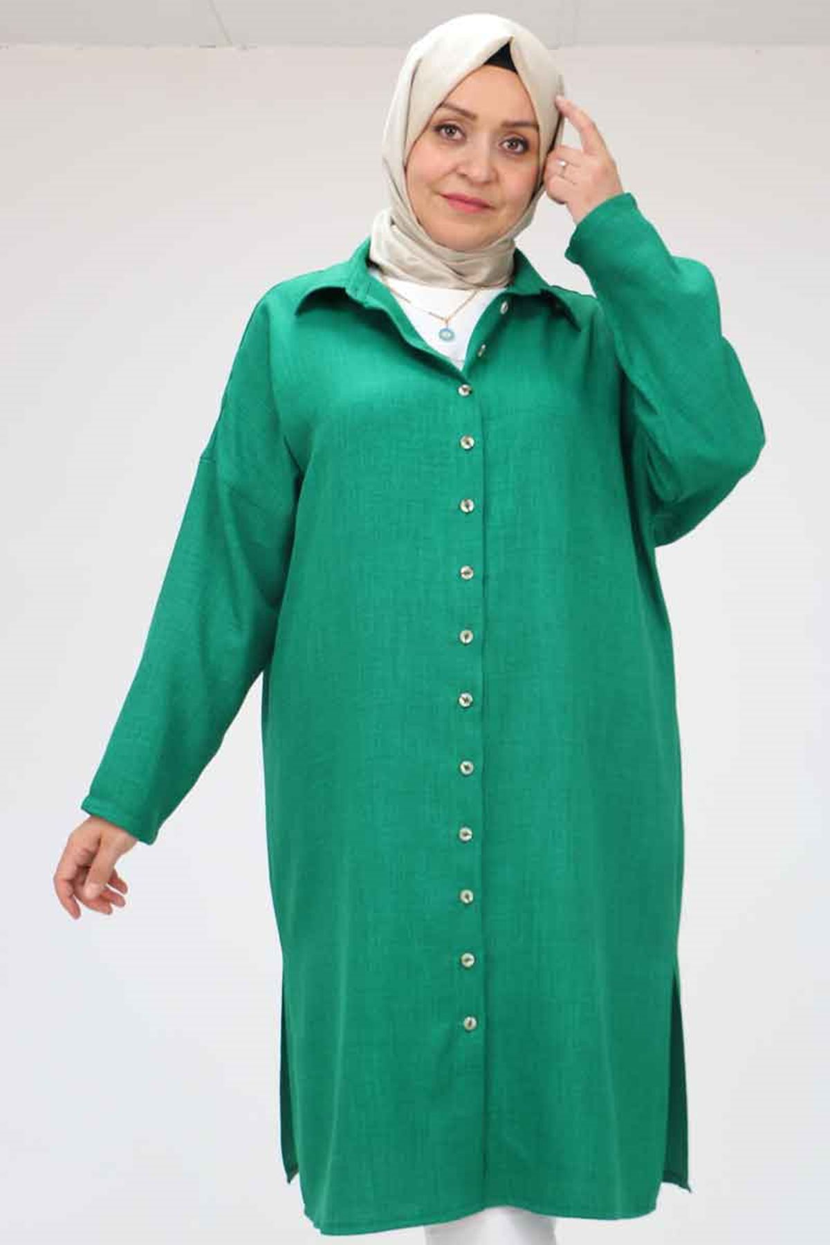 58065 Büyük Beden Melanj Keten Düşük Kol Gömlek - Beneton