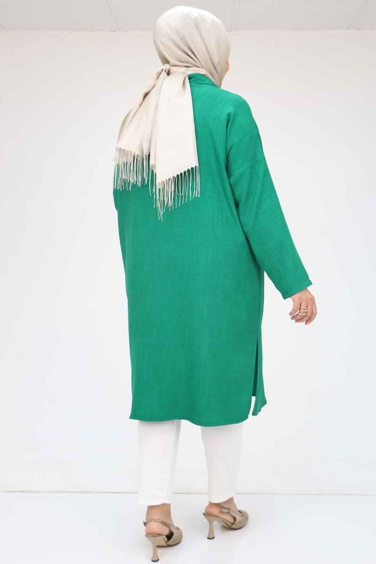 58065 Büyük Beden Melanj Keten Düşük Kol Gömlek - Beneton